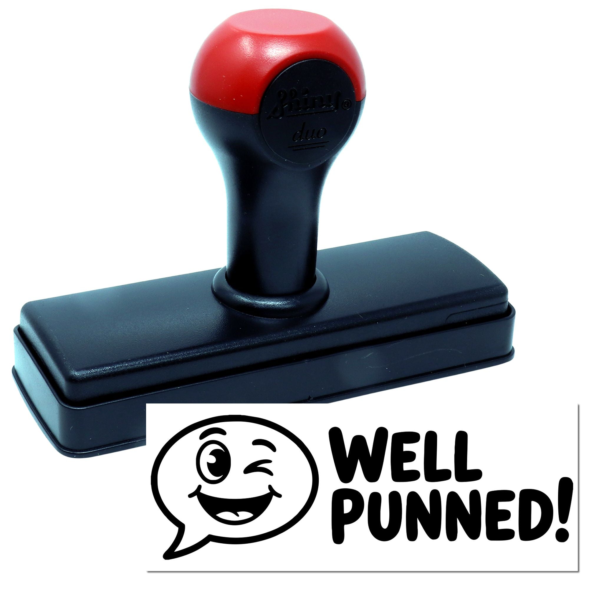 Self-inking rubber stamp with Well Punned! message, ideal for funny custom office and teacher rubber stamps.