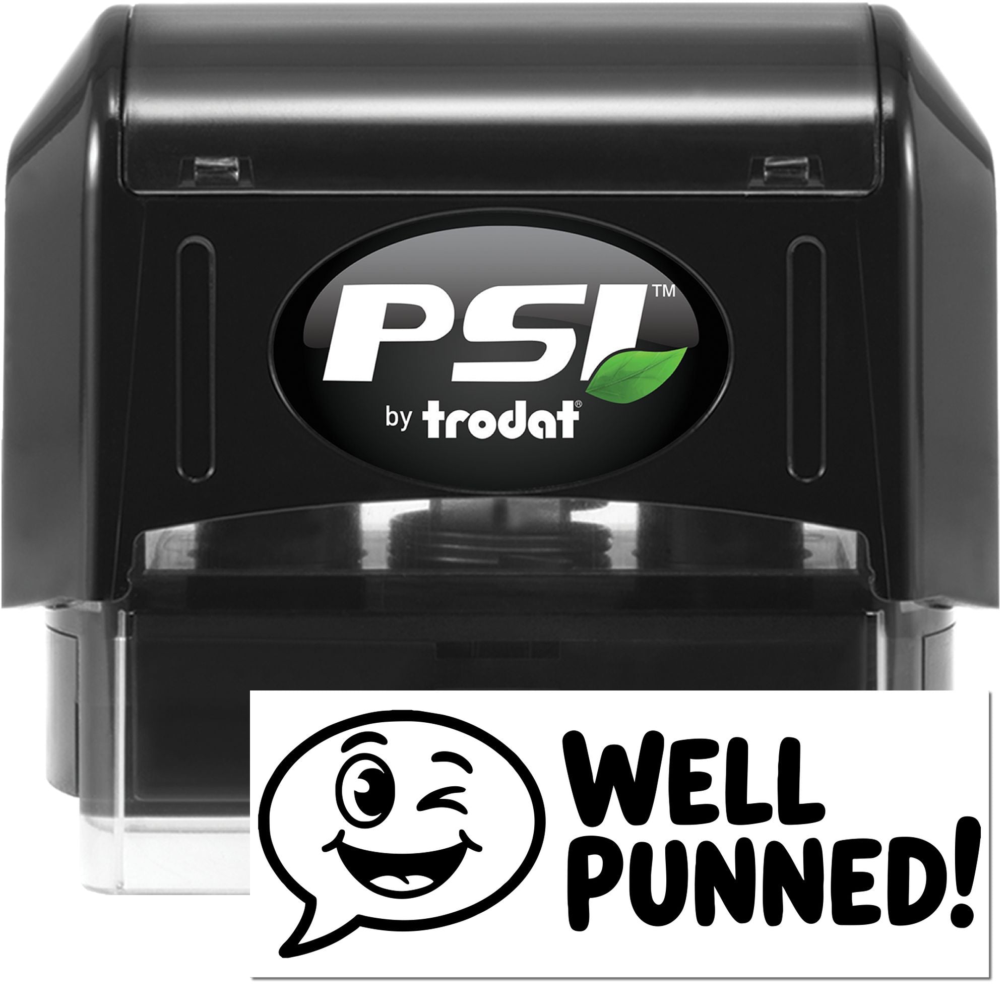 PSI by Trodat self-inking rubber stamp with custom Well Punned! design for funny pun-themed business branding.