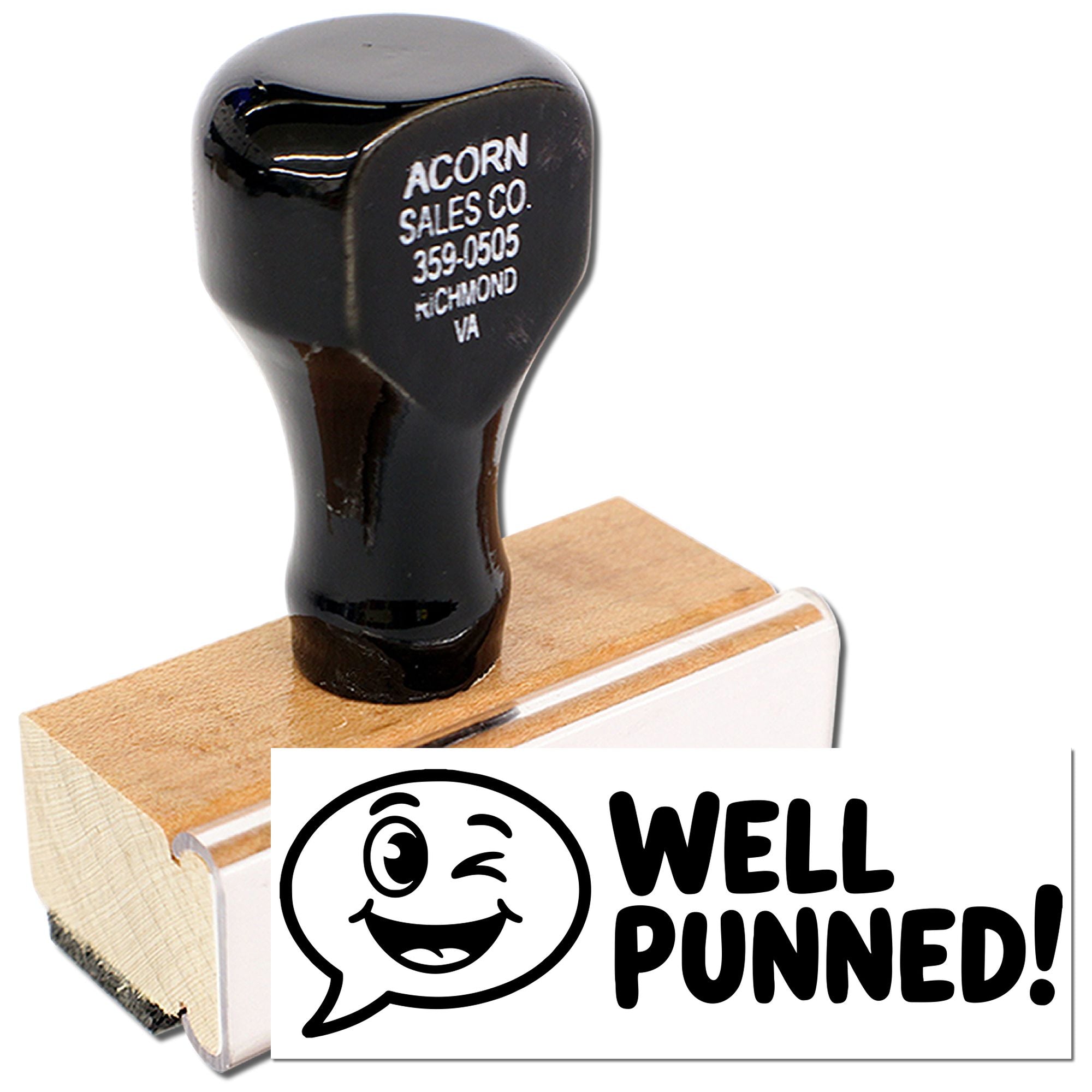 Custom wooden rubber stamp with Well Punned! winking design for cards, packaging, and branding.
