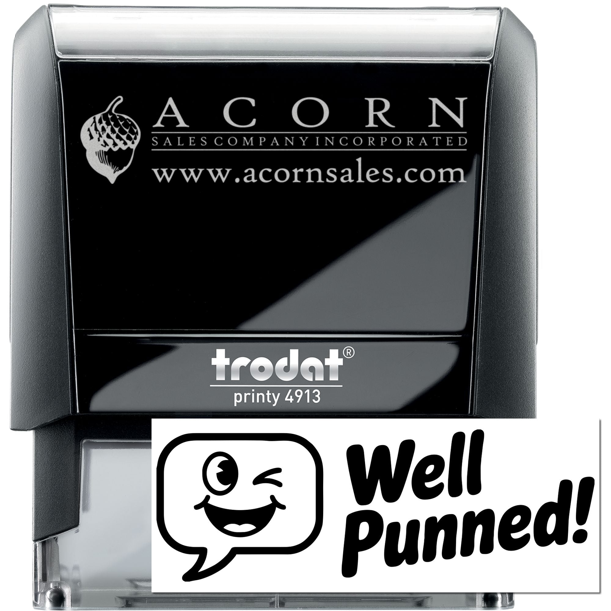 Trodat Printy 4913 self-inking rubber stamp with custom Acorn Sales logo and website imprint