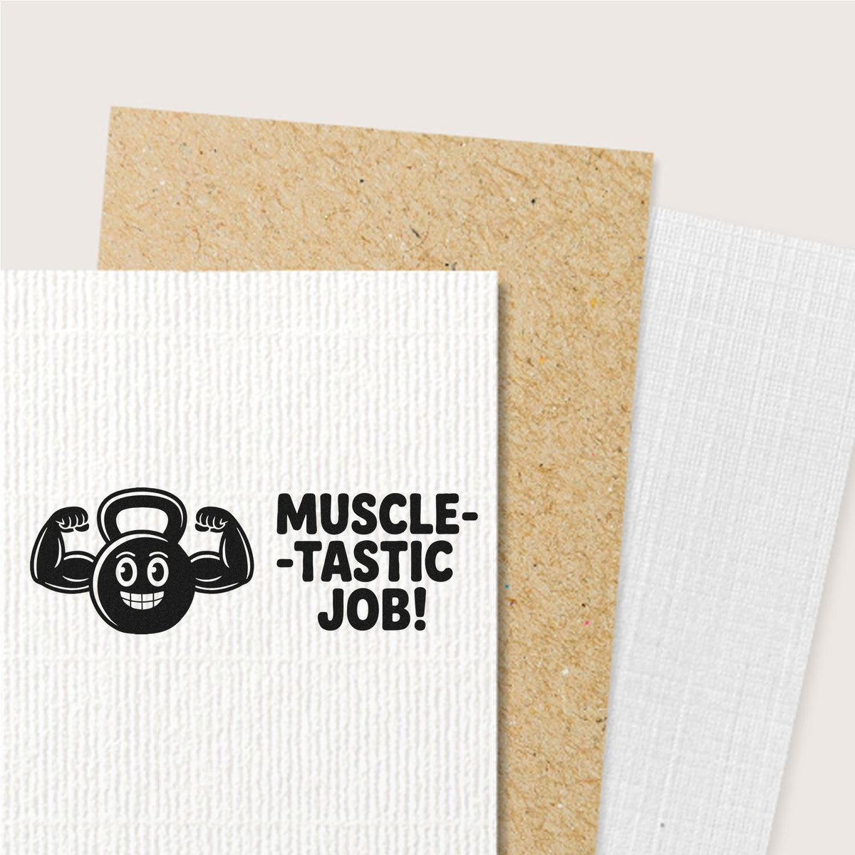 Muscle-tastic Job rubber stamp design with flexing kettlebell icon for motivational appreciation cards and fitness-themed crafts