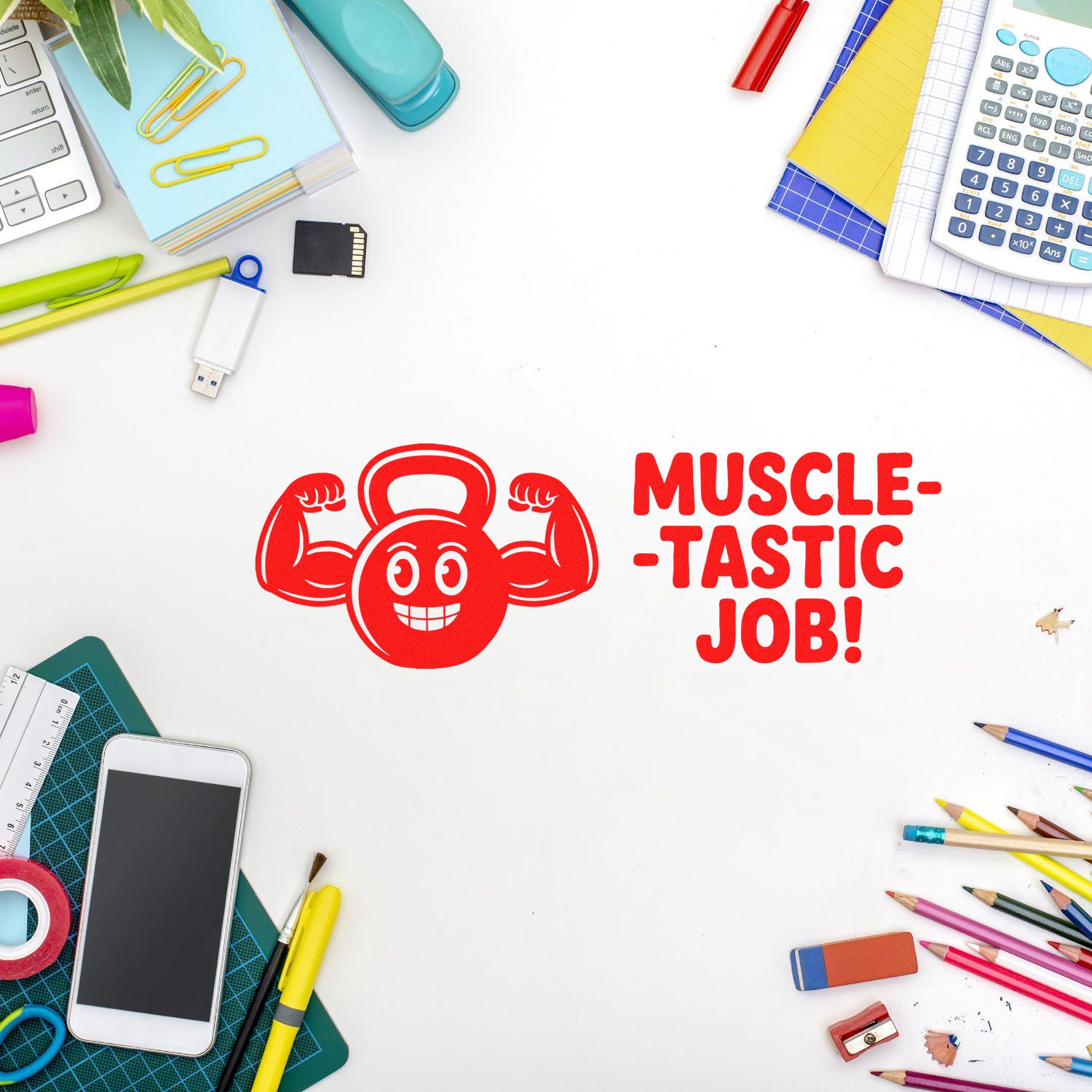 Motivational rubber stamp reading Muscle-tastic Job! with flexing kettlebell, ideal for fitness rewards and praise.