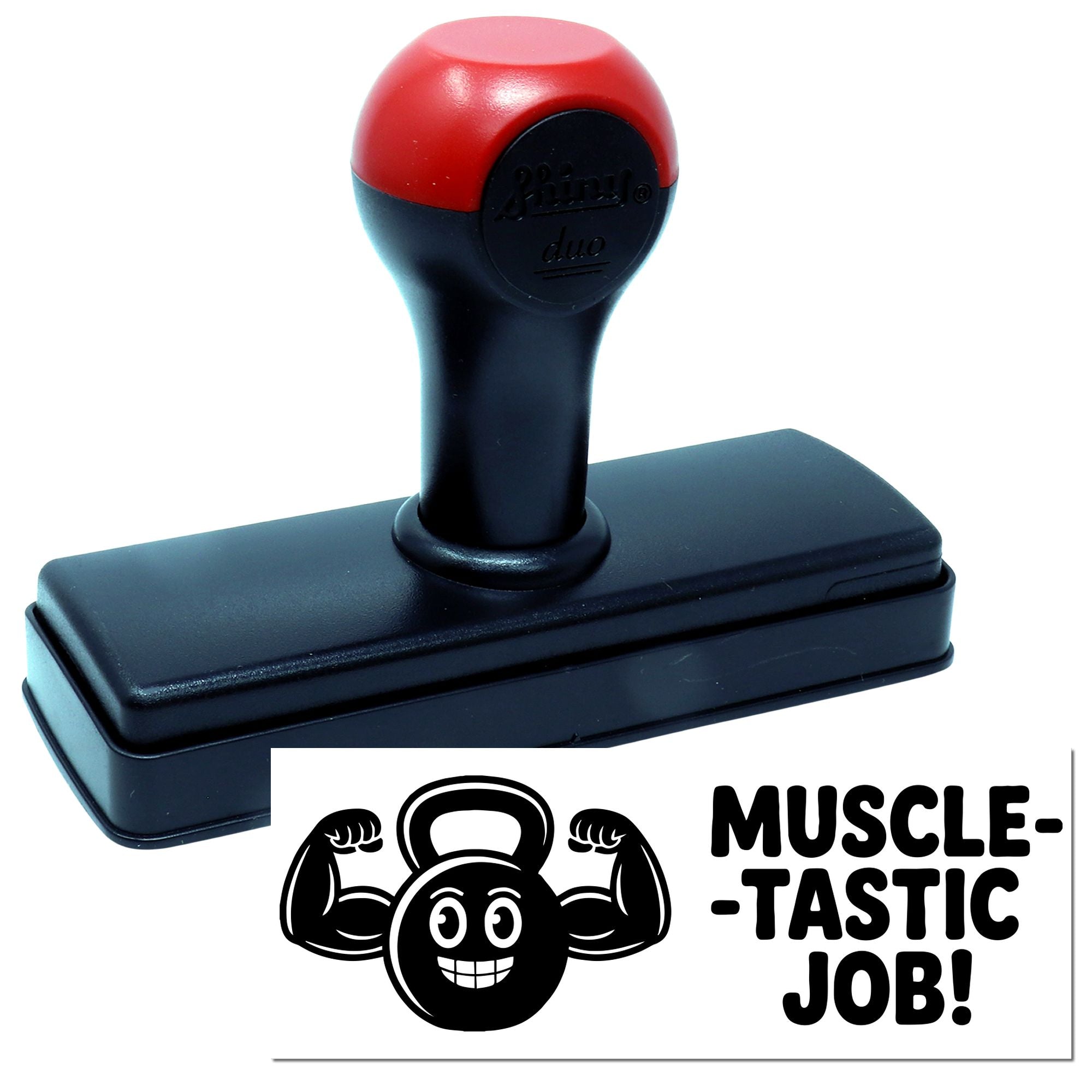 Self-inking rubber stamp with Muscle-Tastic Job! to reward fitness progress, gym achievements, and coaching.