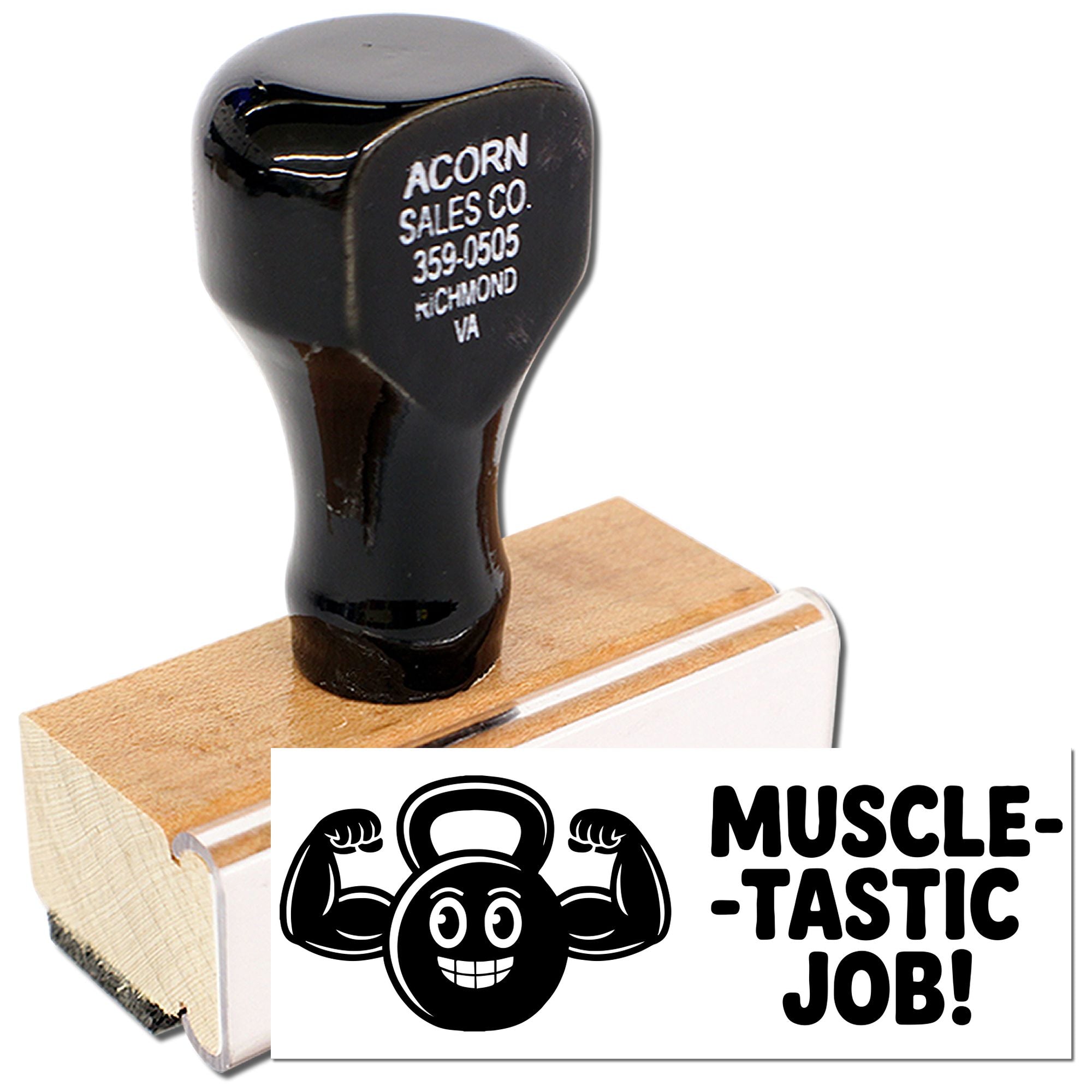 Custom wooden rubber stamp with sample impression for Muscle-Tastic Job! flexing kettlebell design.