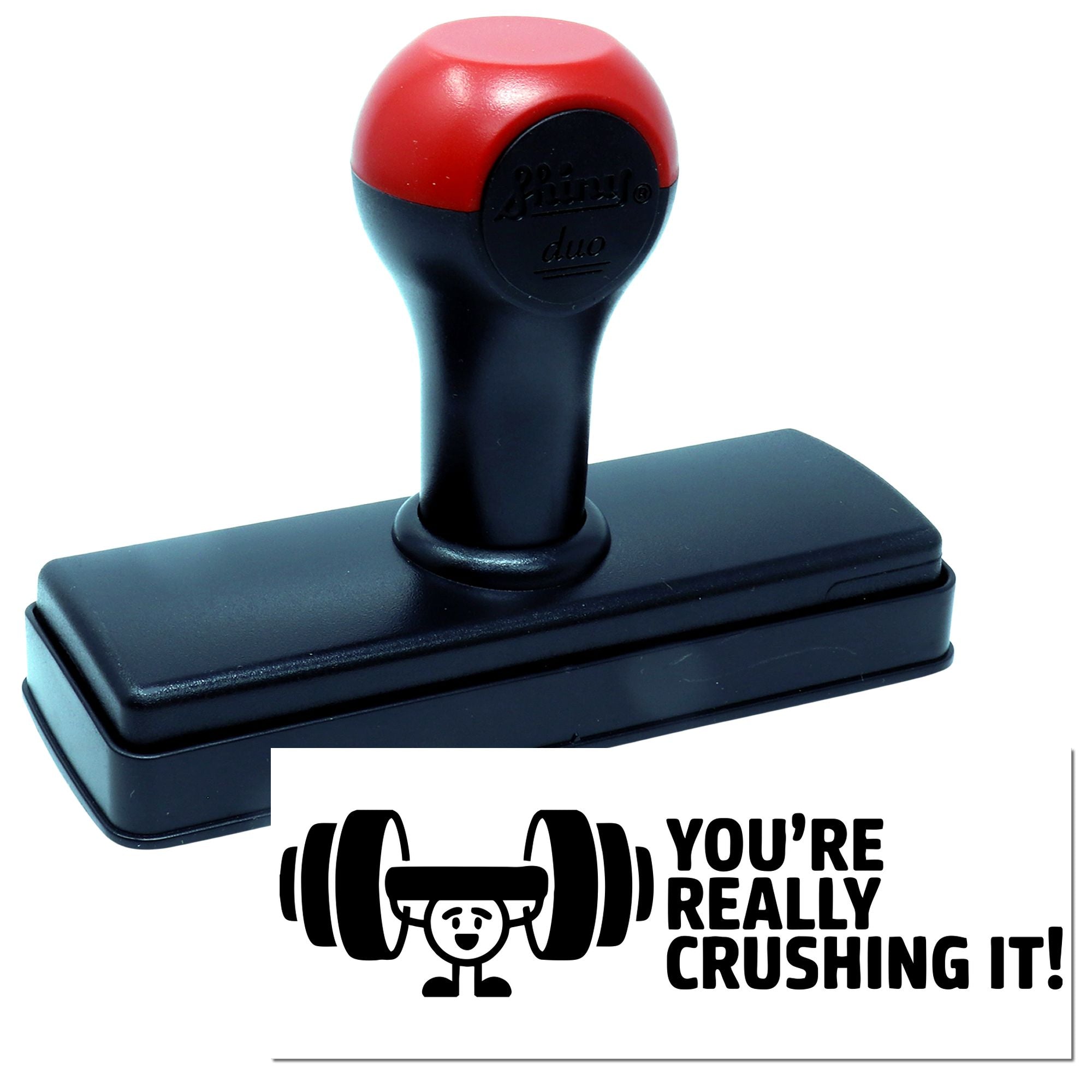 Custom self-inking rubber stamp with Youre Really Crushing It! weightlifter design for rewards, encouragement, and fitness themes.
