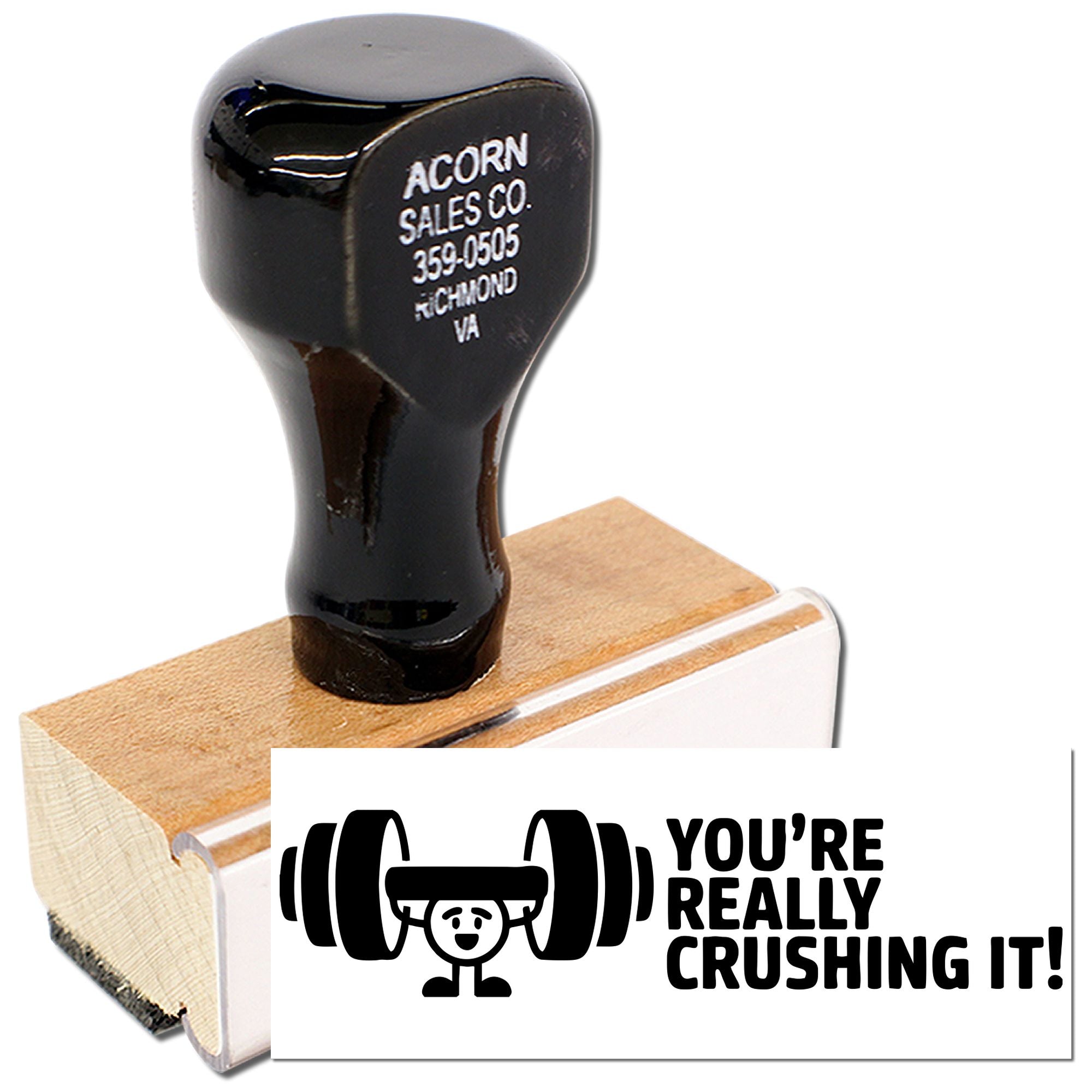 Wooden rubber stamp with weightlifter icon and Youre Really Crushing It! message for motivational fitness or business branding.