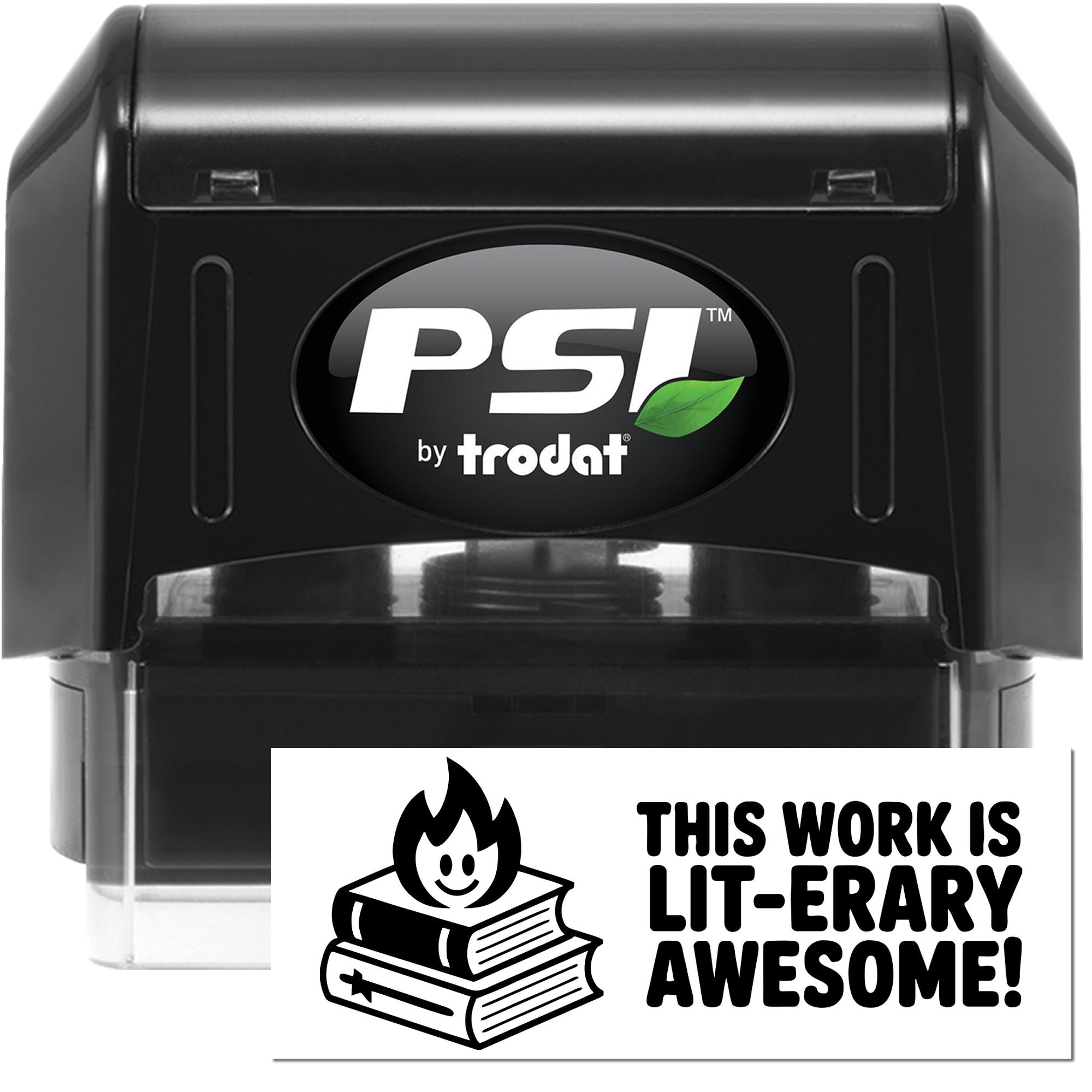 PSI by Trodat self-inking rubber stamp with This work is lit-erary awesome! bookworm design for teacher and library use.