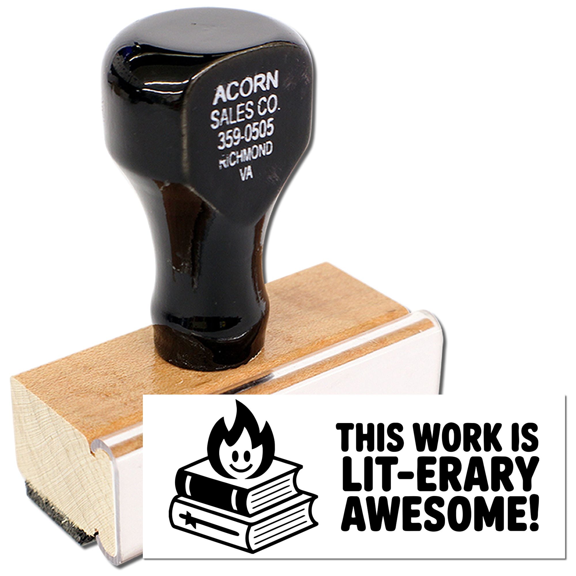 Custom rubber stamp for business branding with address imprint and literary book design for teachers, libraries, and bookstores.
