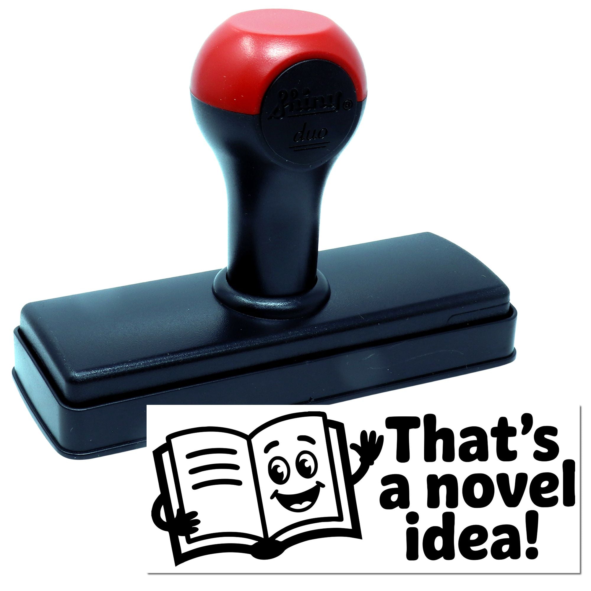 Self-inking rubber stamp with Thats a novel idea! book-themed design for libraries, teachers, and readers.