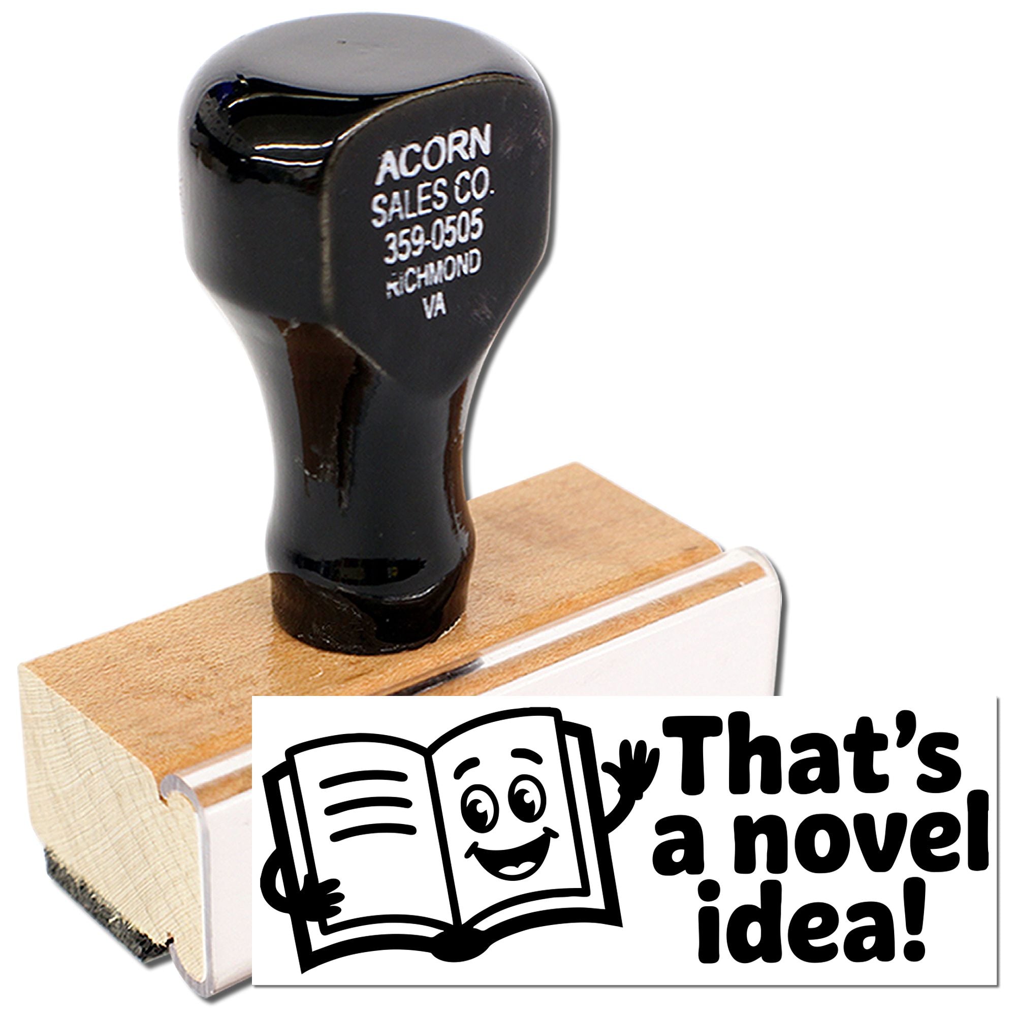 Custom wooden rubber stamp with business return address imprint and novelty book-themed Thats a novel idea! design.