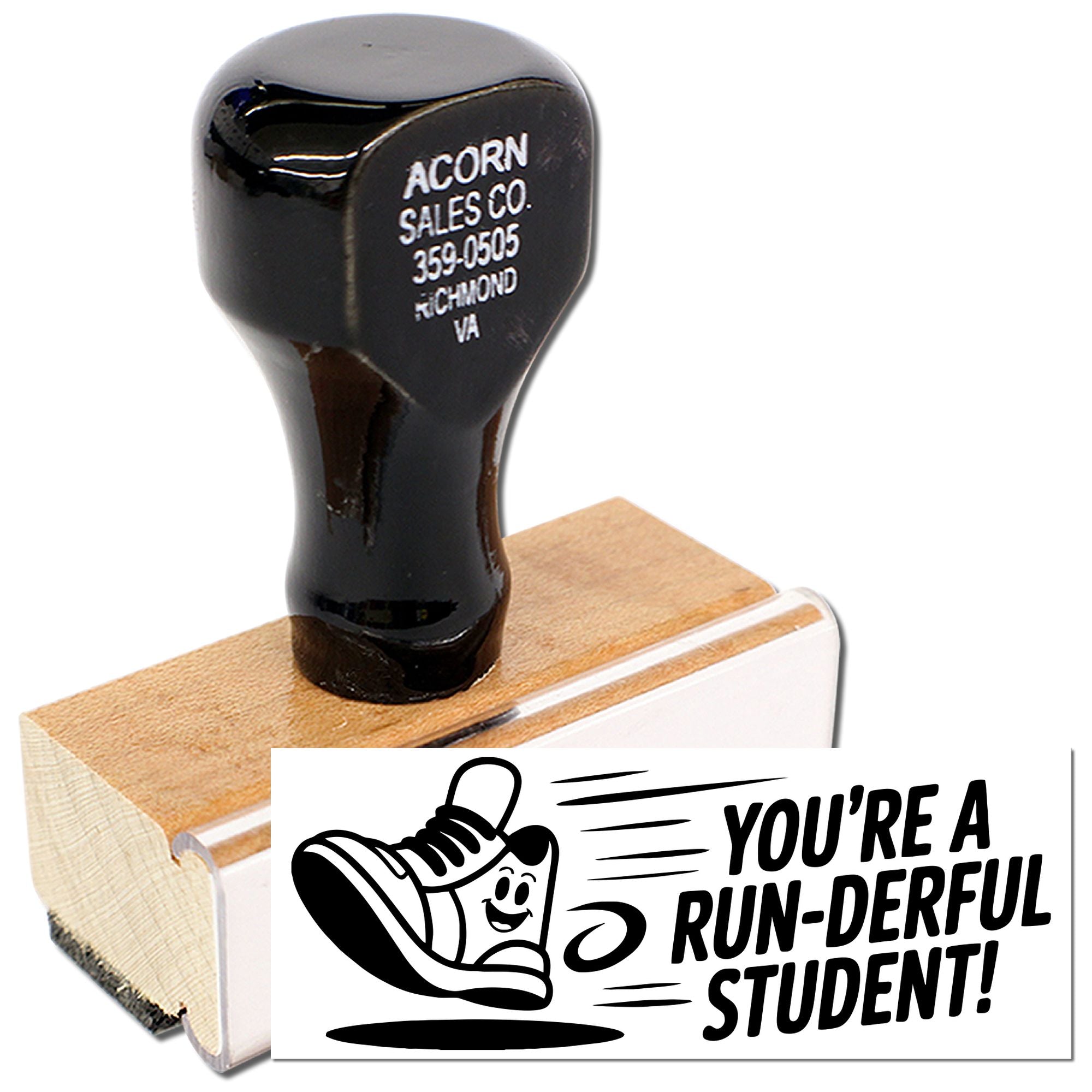 Wooden handle rubber stamp with Youre a run-derful student! design for teacher rewards and student recognition.