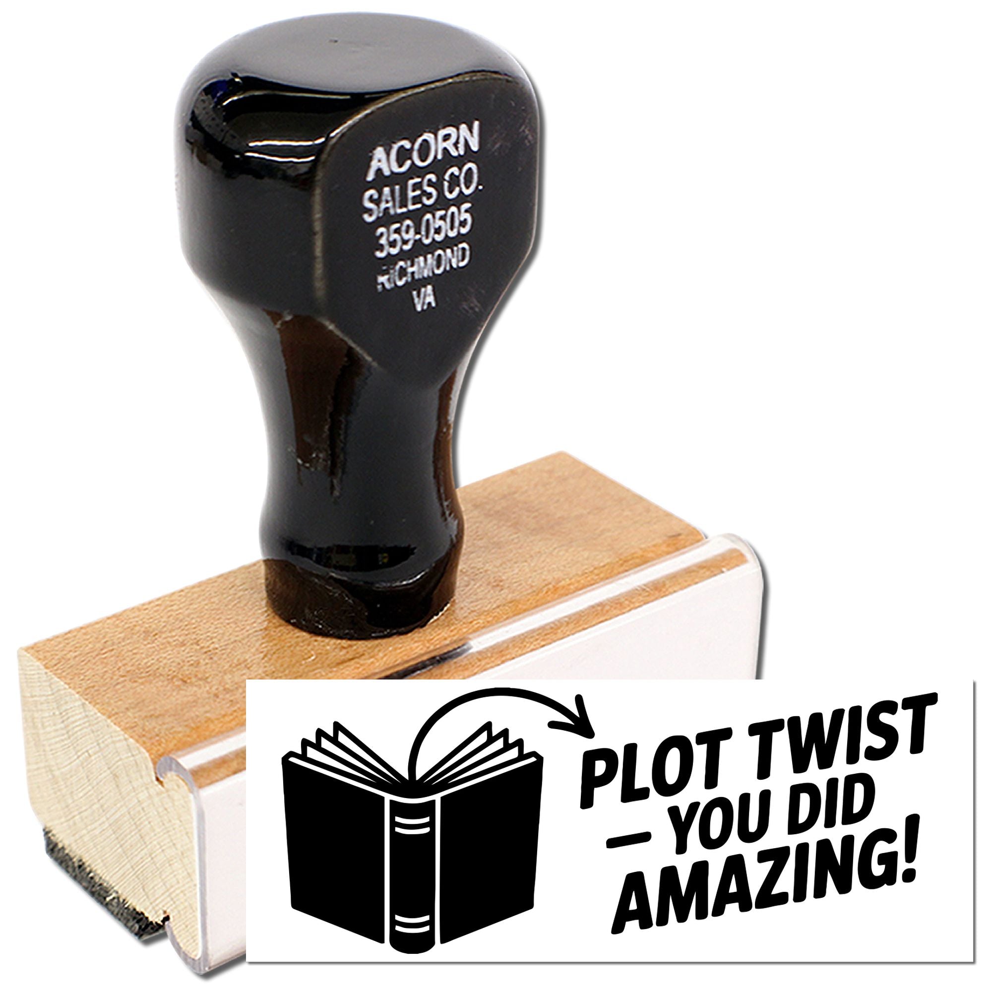 Custom rubber stamp with book icon and Plot twist you did amazing! text for reader gifts, teachers, and encouragement.