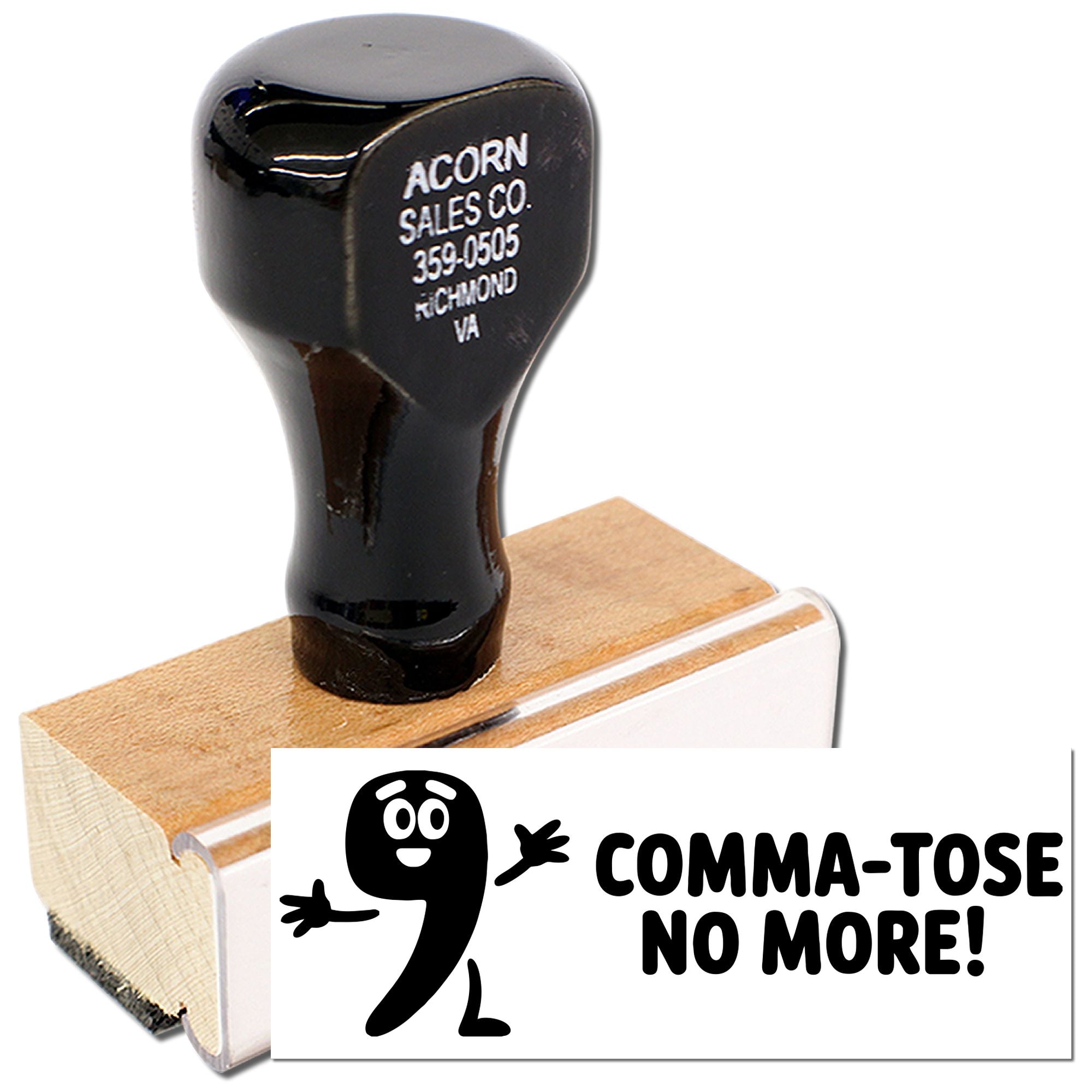 Custom rubber stamp product image featuring a business address stamp and "Comma-tose No More!" punctuation design.