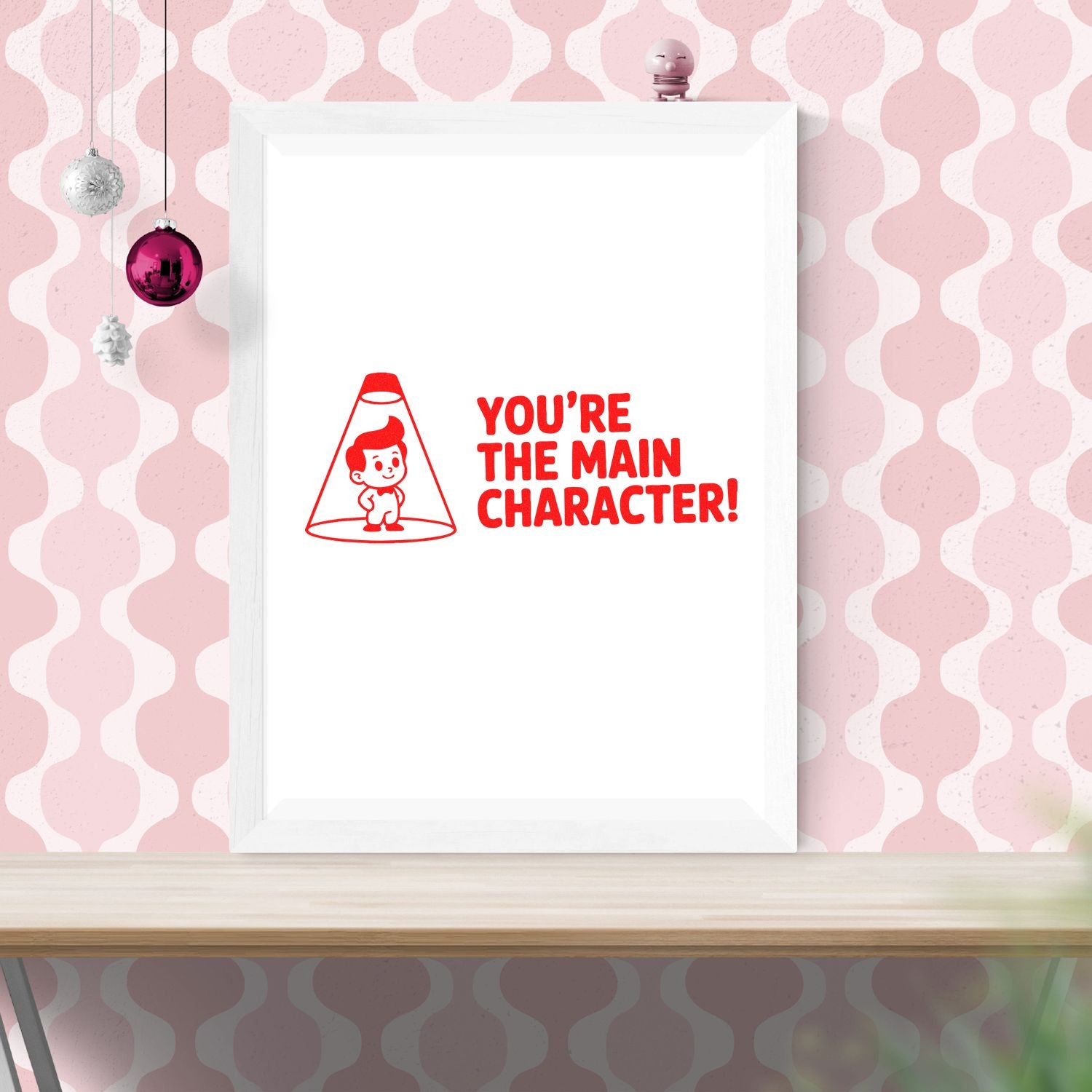 Rubber stamp design mockup featuring Youre the Main Character! red imprint for fun personalized stationery and gifts.
