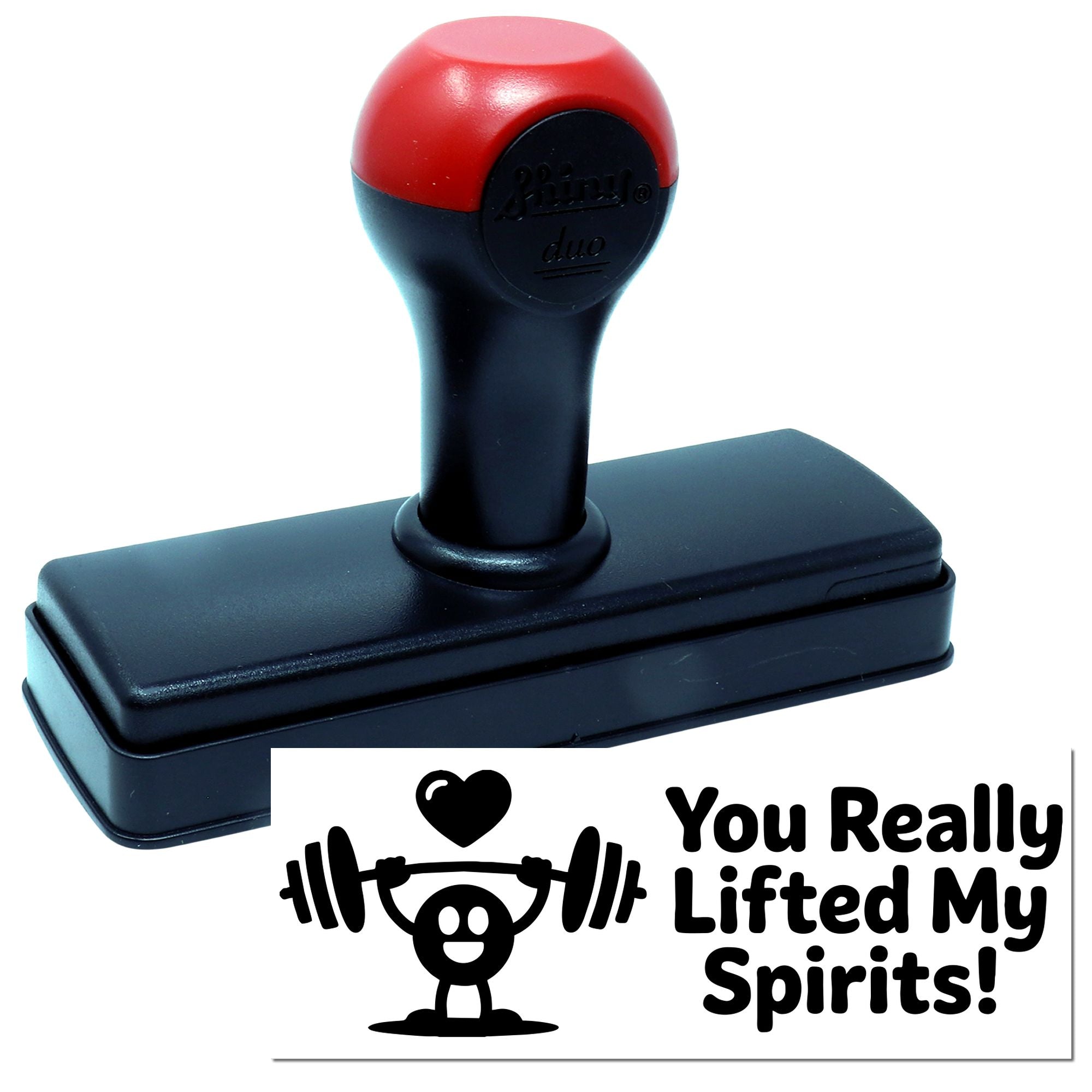 Self-inking rubber stamp with You Really Lifted My Spirits! weightlifting design for motivational messages