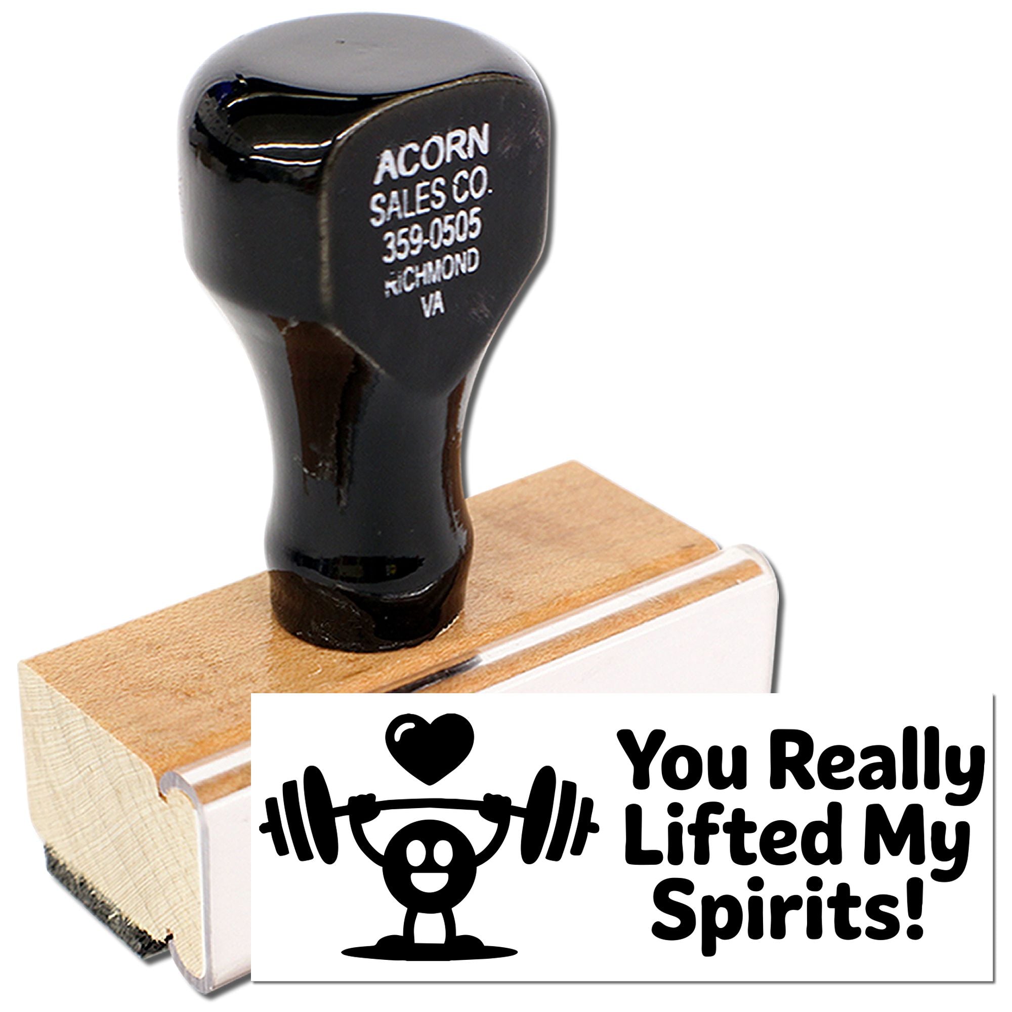 Wooden rubber stamp with You Really Lifted My Spirits! and weightlifter graphic for fun, uplifting card making.