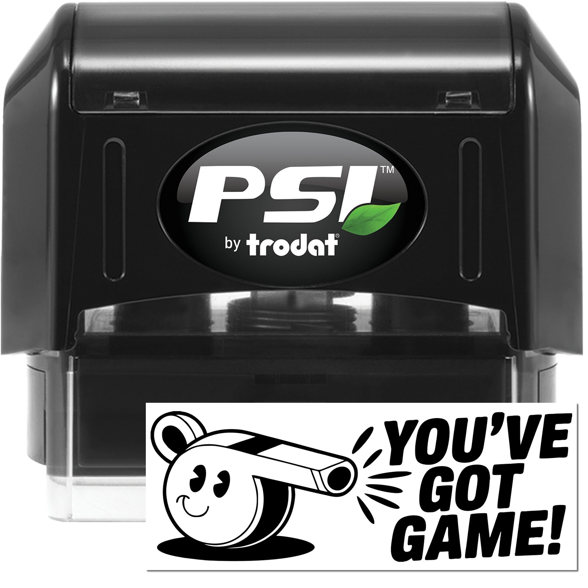 PSI by Trodat self-inking rubber stamp with custom Youve Got Game! sports message for awards and coaching.