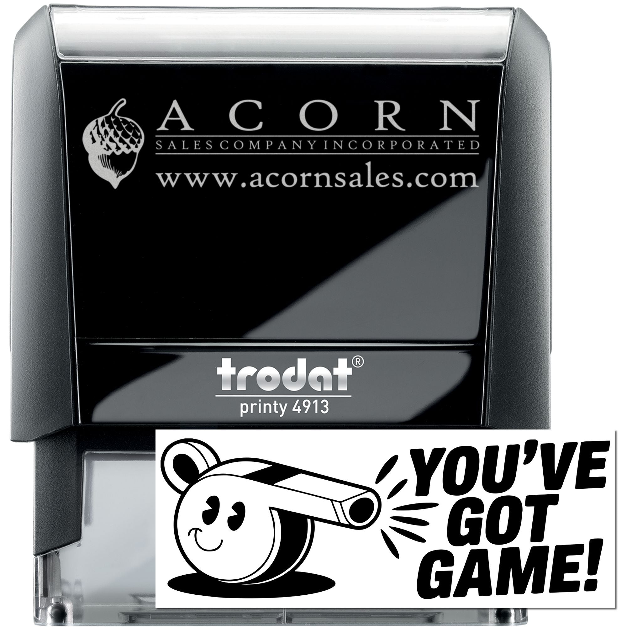 Custom self-inking rubber stamp with Acorn Sales Company logo and website, Trodat Printy 4913 for business branding.