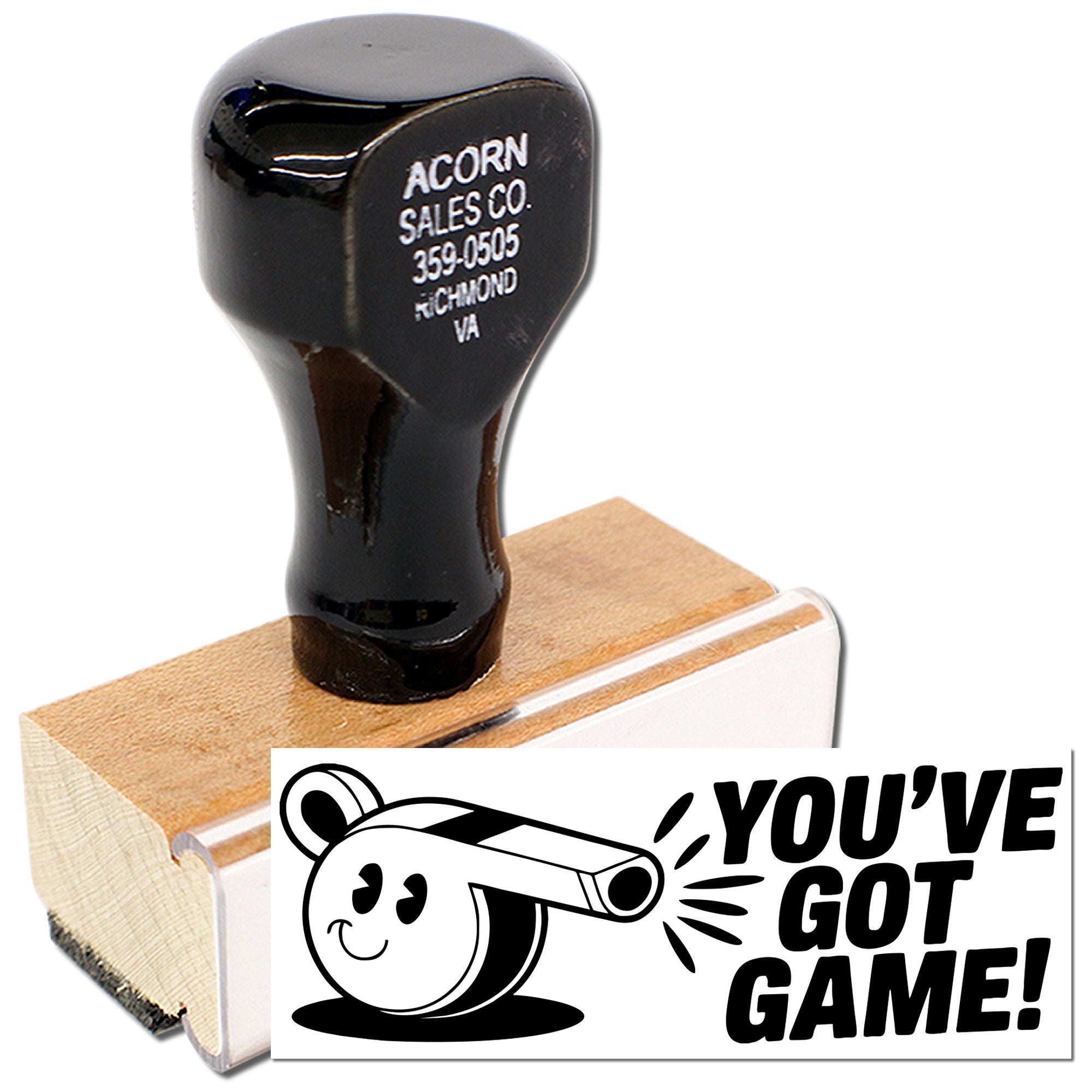 Wood handle custom rubber stamp with Youve Got Game! design for sports promotions and branding.