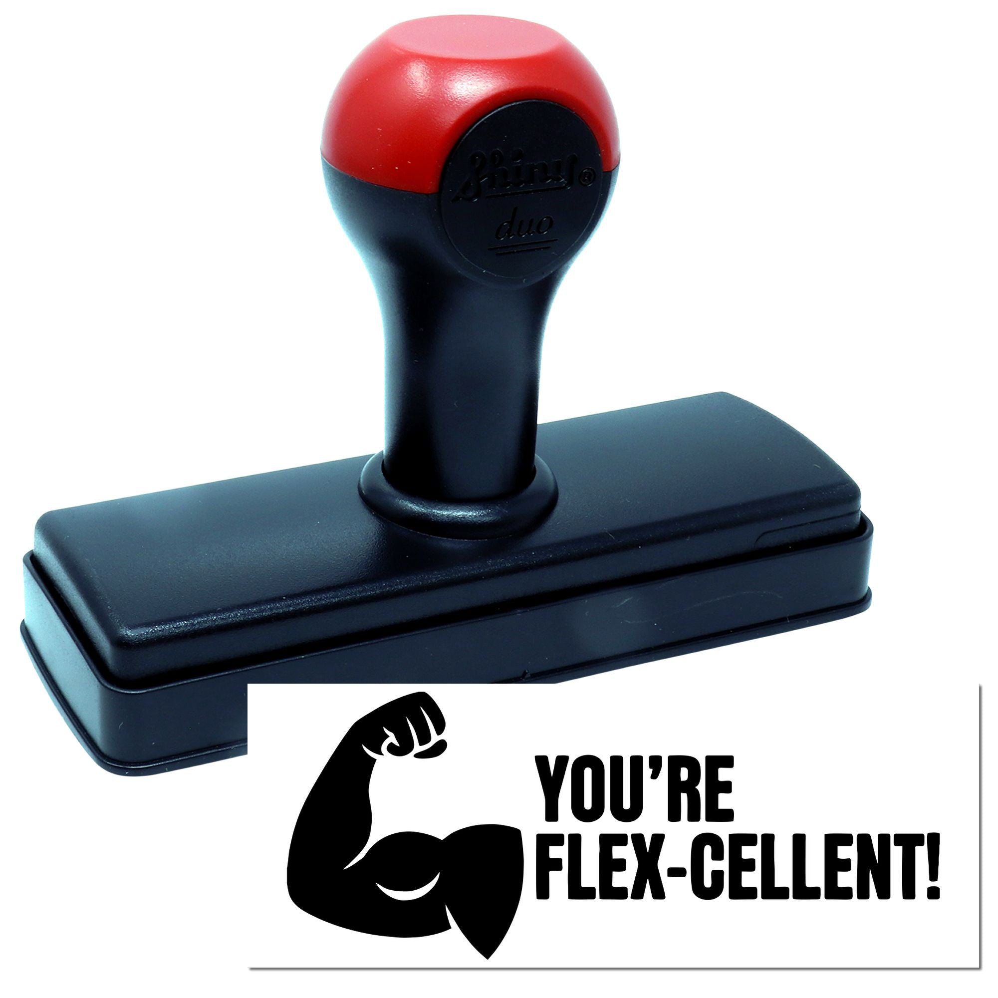Self-inking rubber stamp with flexed bicep and Youre Flex-cellent! text for humorous motivational office marking.