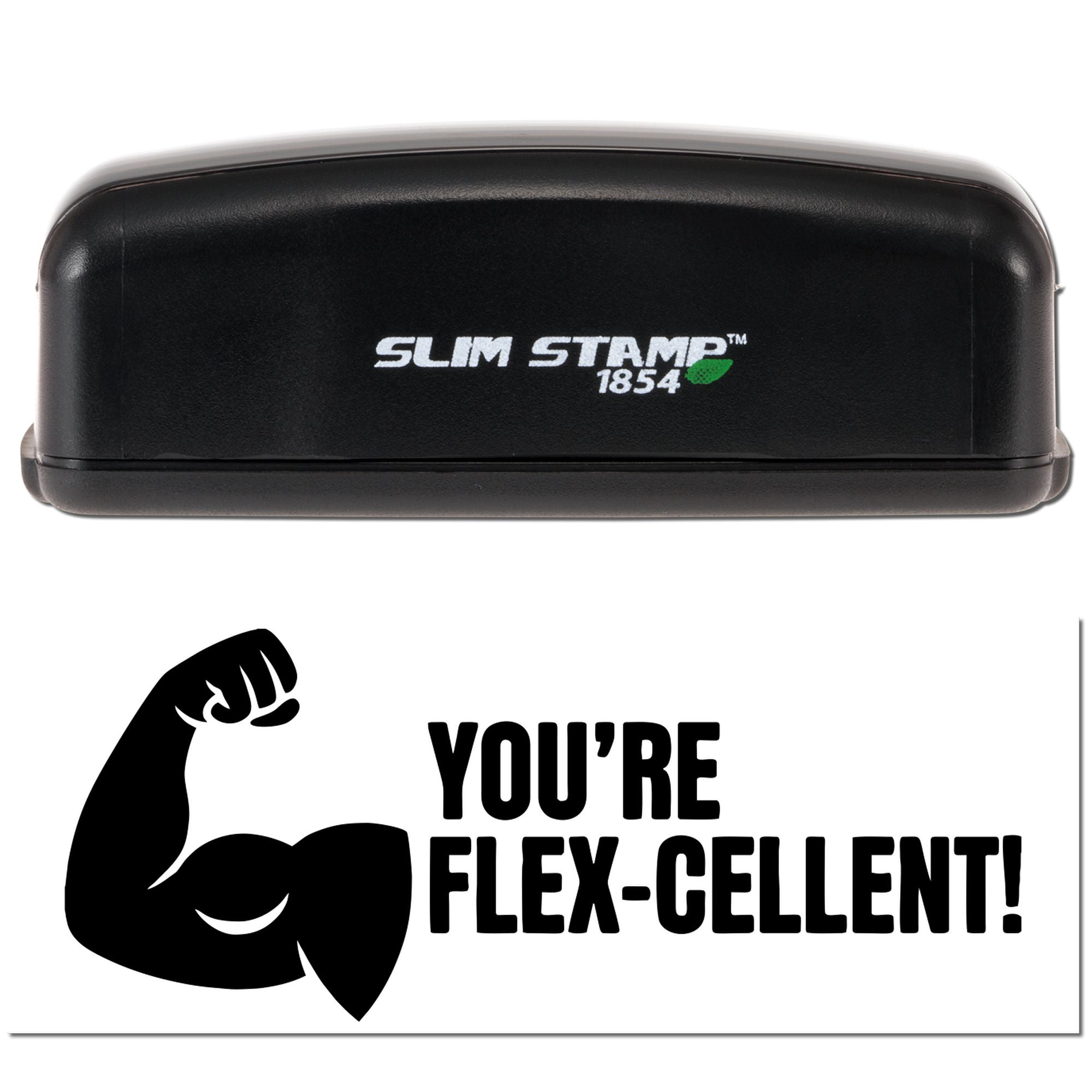 Slim Stamp 1854 self-inking rubber stamp with Youre Flex-cellent! flexed arm design for fitness-themed messaging.