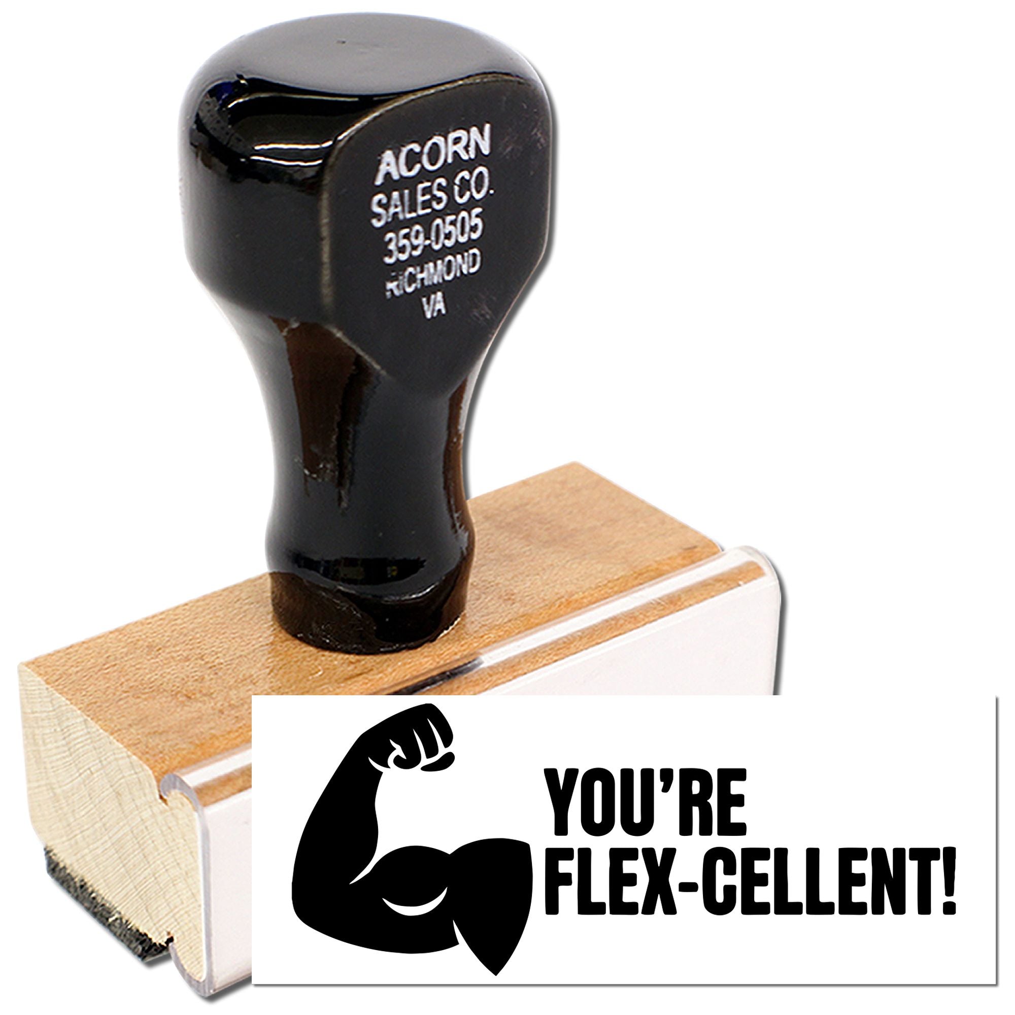 Custom rubber stamp with flexed bicep and Youre Flex-cellent! text for fitness motivation and promotional branding.