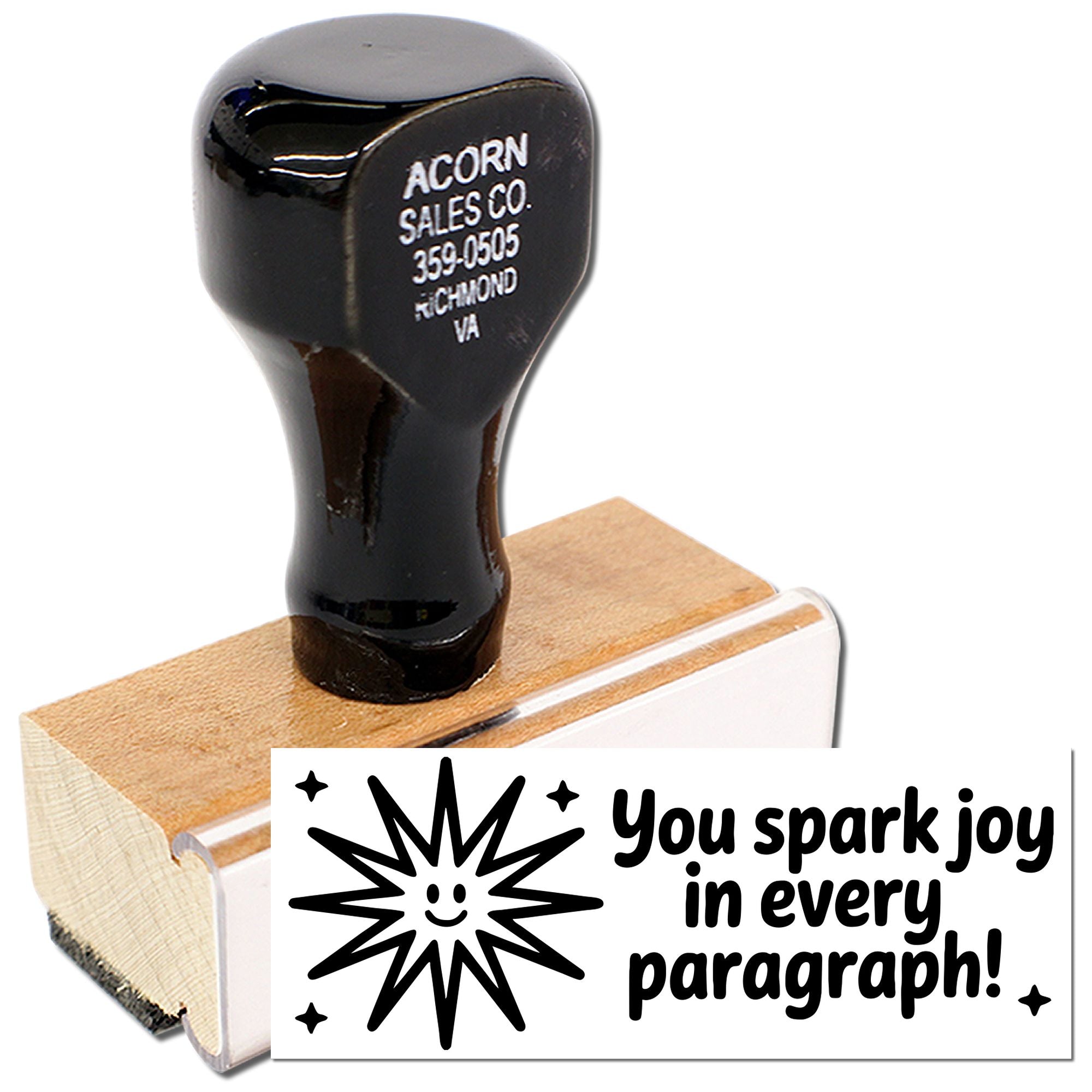 Custom motivational rubber stamp with You spark joy in every paragraph! message for teachers, writers, and classrooms.