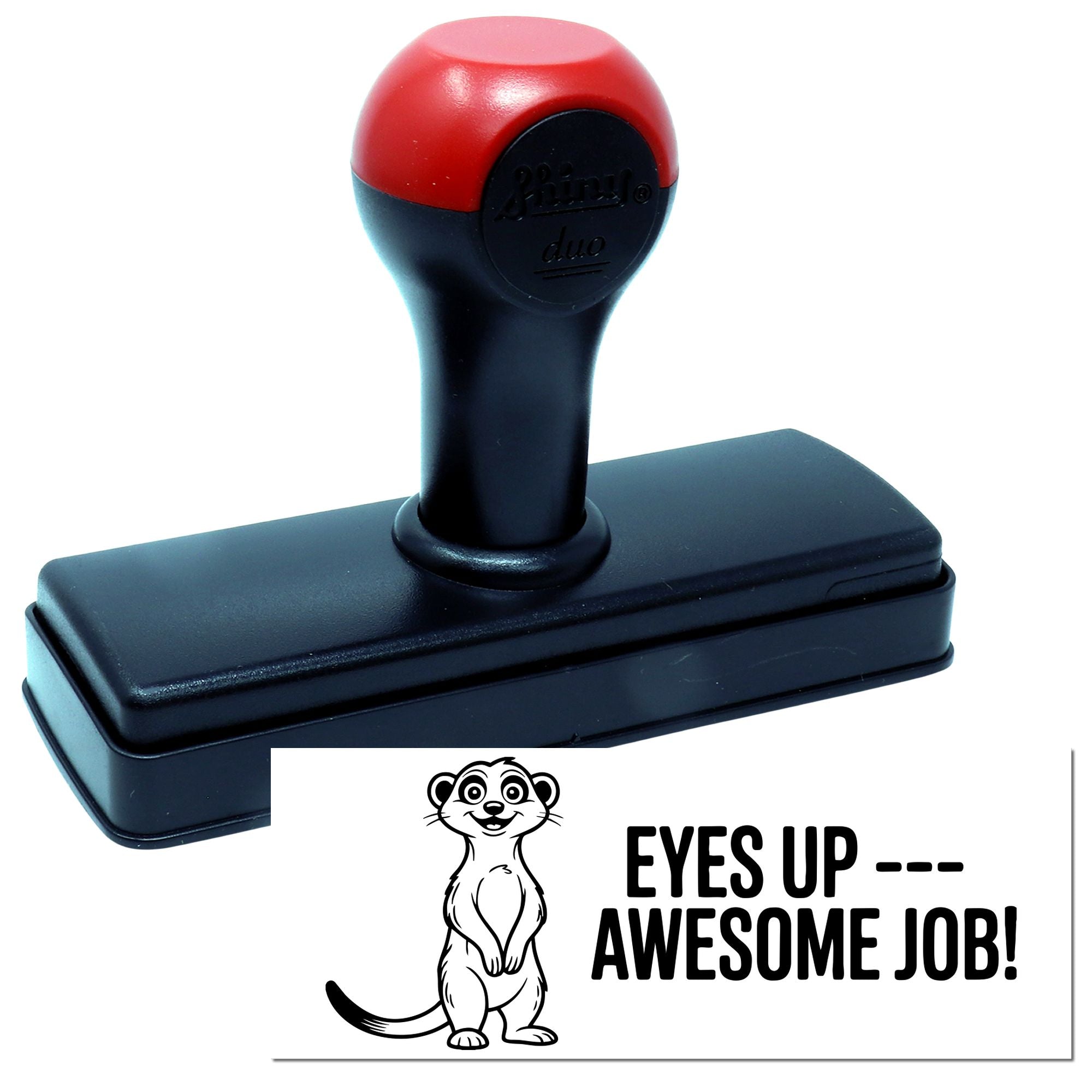 Self-inking rubber stamp with Eyes Up Awesome Job! impression for motivational classroom rewards.