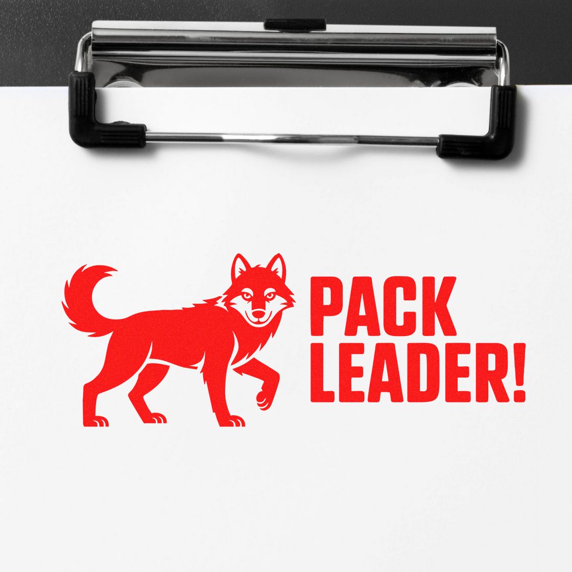 Pack Leader wolf rubber stamp impression in bold red, ideal for dog trainers, pet clubs, and leadership awards.