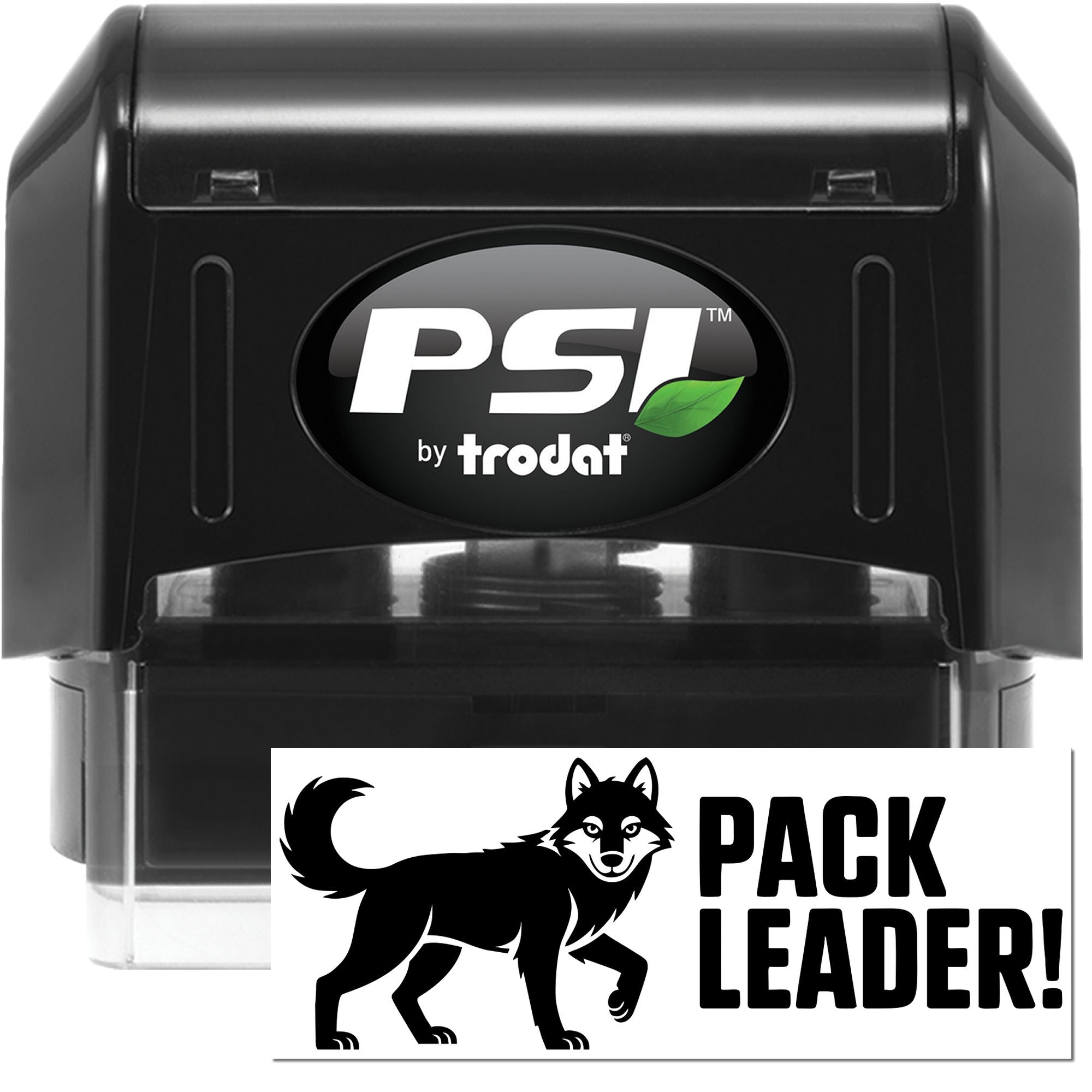 PSI by Trodat self-inking rubber stamp with Pack Leader wolf design for custom business or office use.