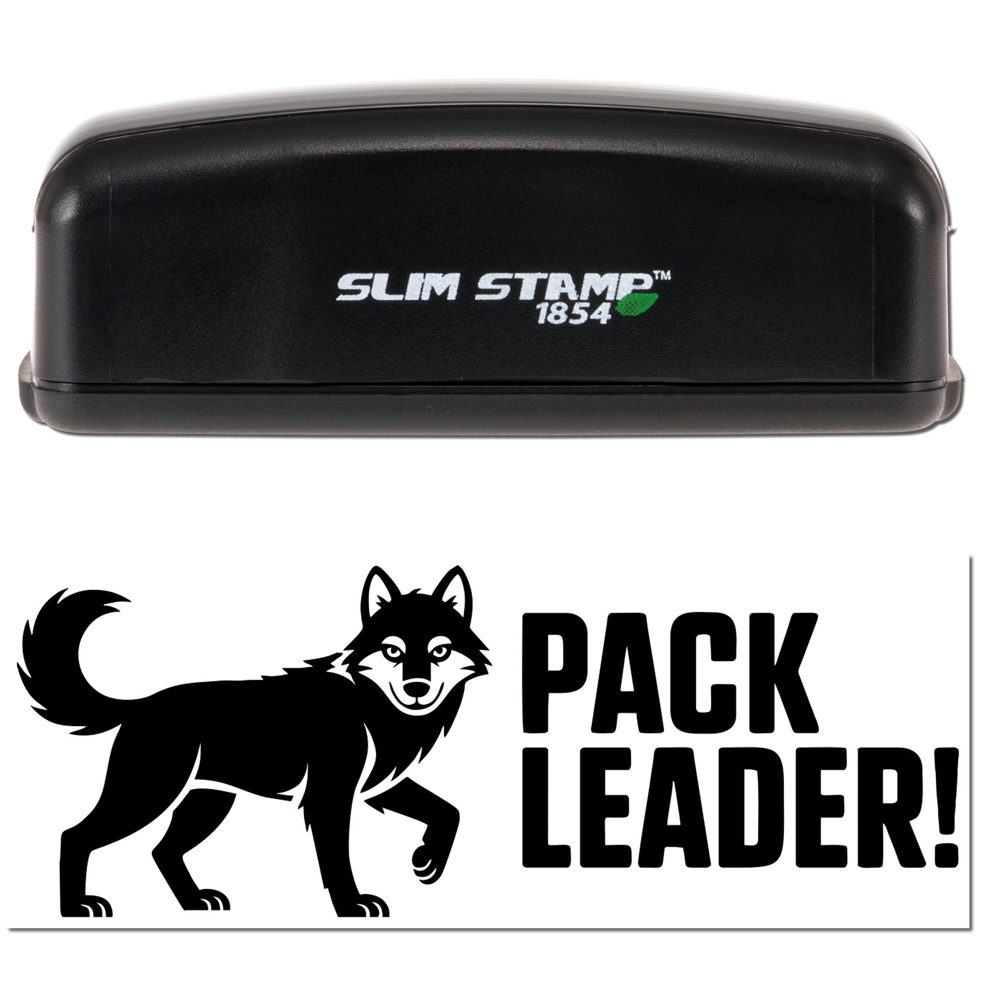 Custom rubber stamp with wolf graphic and Pack Leader! text, shown with Slim Stamp self-inking case and imprint.