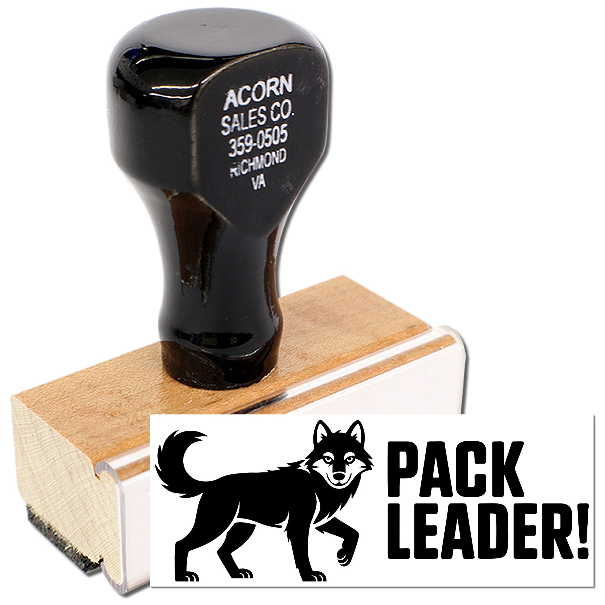 Custom wolf Pack Leader rubber stamp for branding, packaging, and promotional marking.