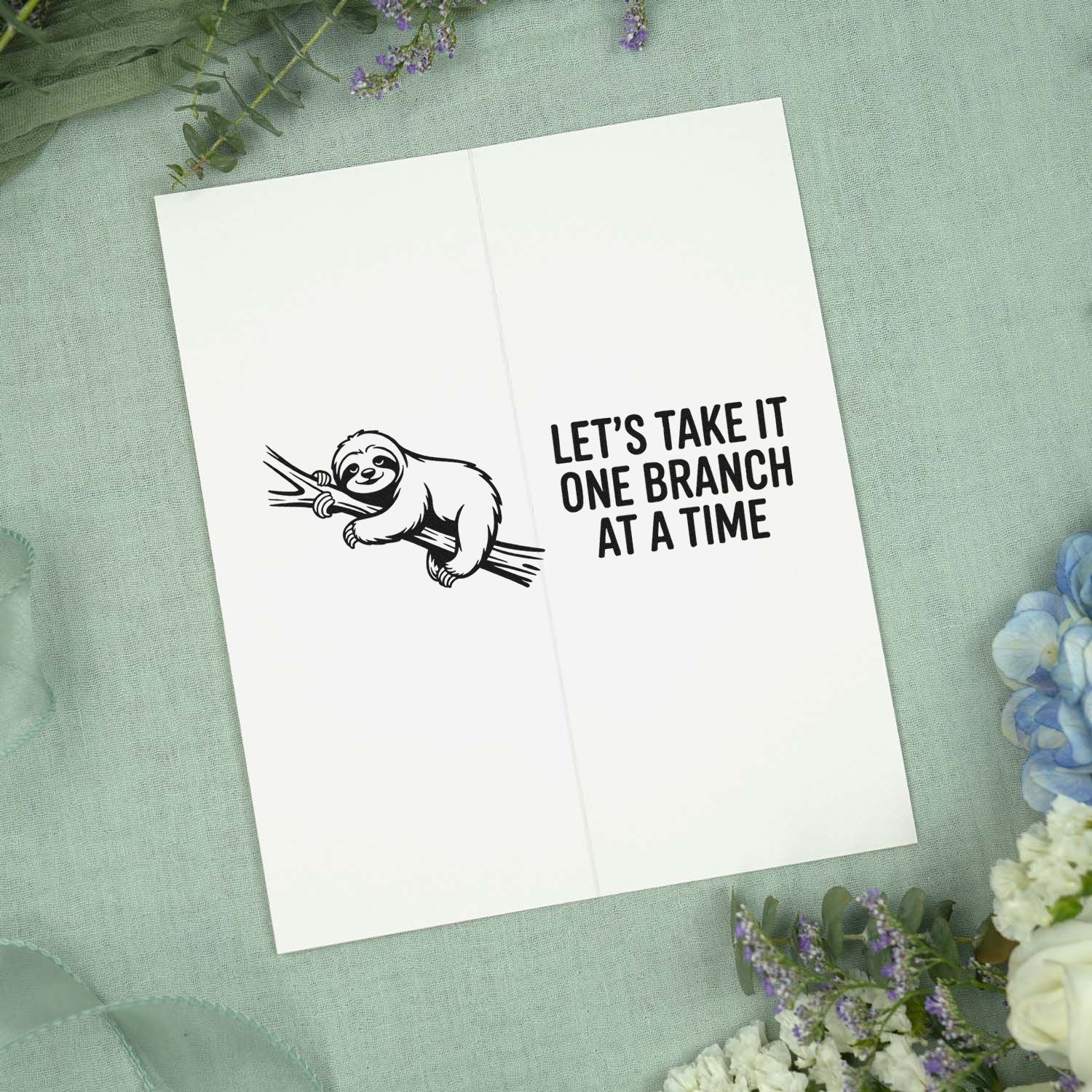 Funny sloth rubber stamp with Lets take it one branch at a time sentiment for handmade cards, journaling, and paper crafts.