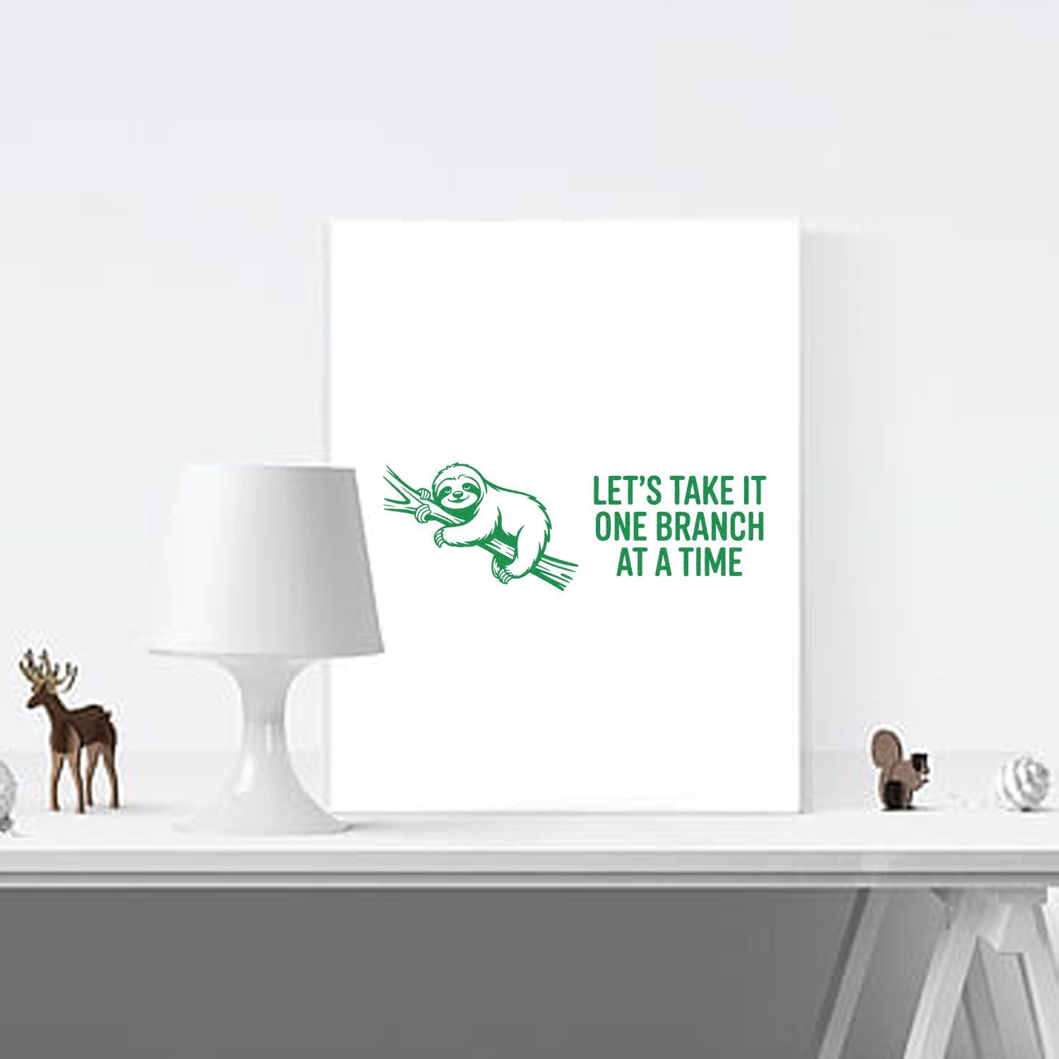 Sloth rubber stamp with Lets take it one branch at a time quote for funny cards, crafts, and stationery.