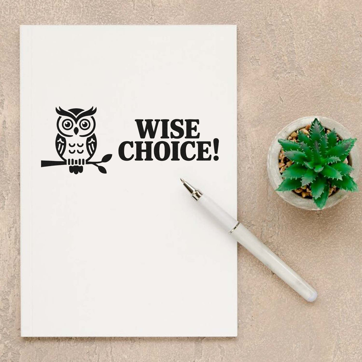 Owl rubber stamp design with Wise Choice! text for cards, journals, and creative stamping projects.