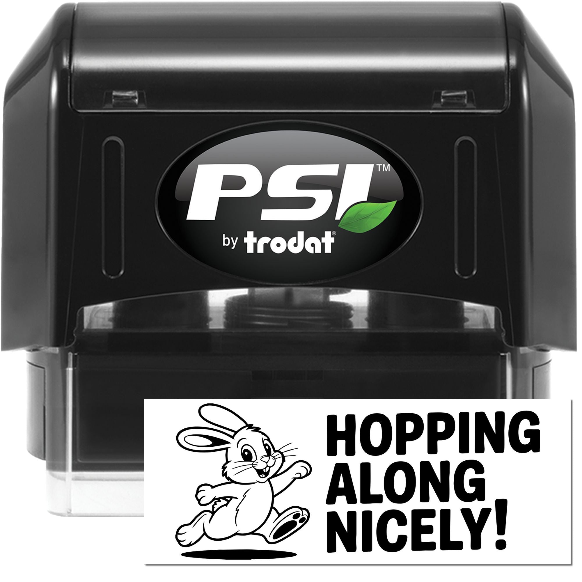 PSI by Trodat self-inking rubber stamp with Hopping Along Nicely! bunny design for Easter and spring messaging