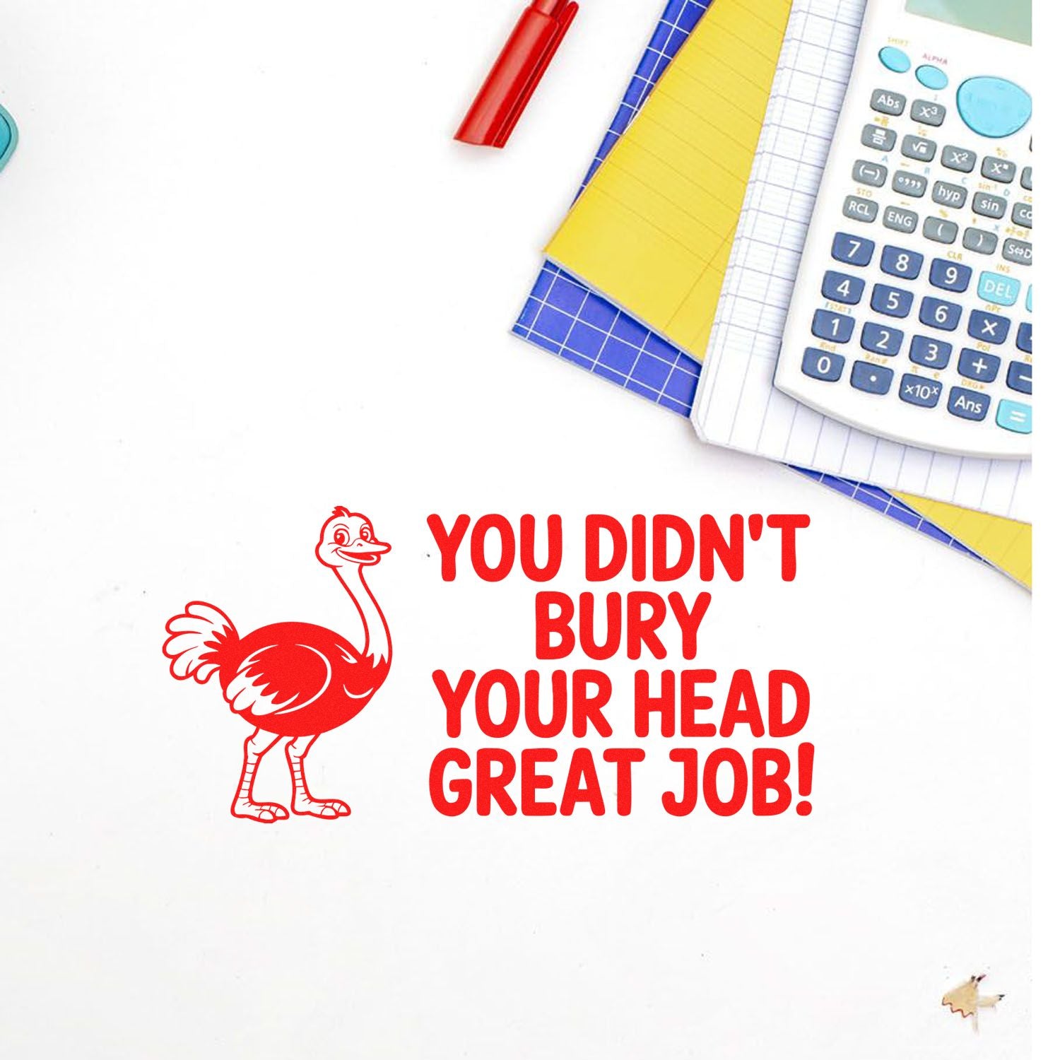 Ostrich rubber stamp with encouraging message: You didnt bury your head, great job! for classroom or office use.