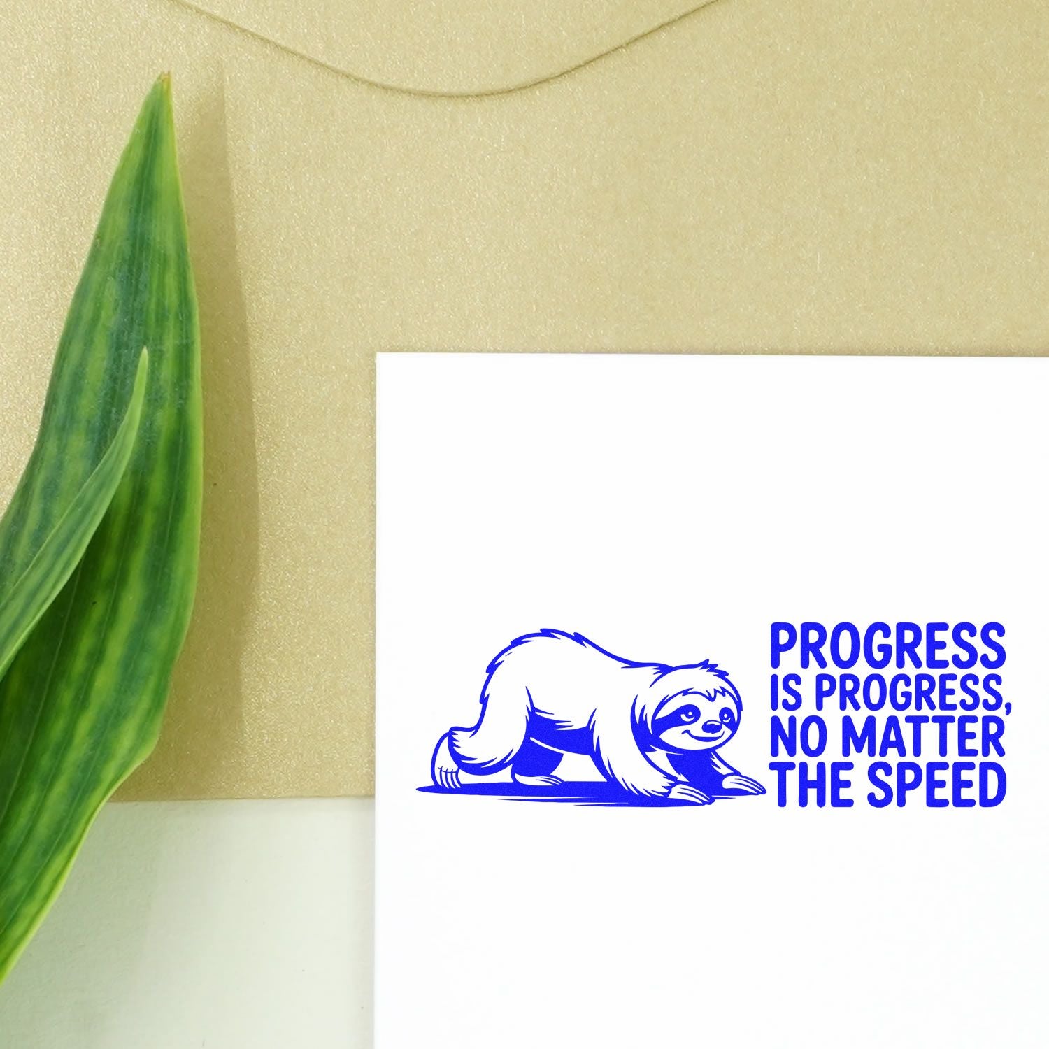 Blue sloth rubber stamp with Progress is progress, no matter the speed motivational quote design.