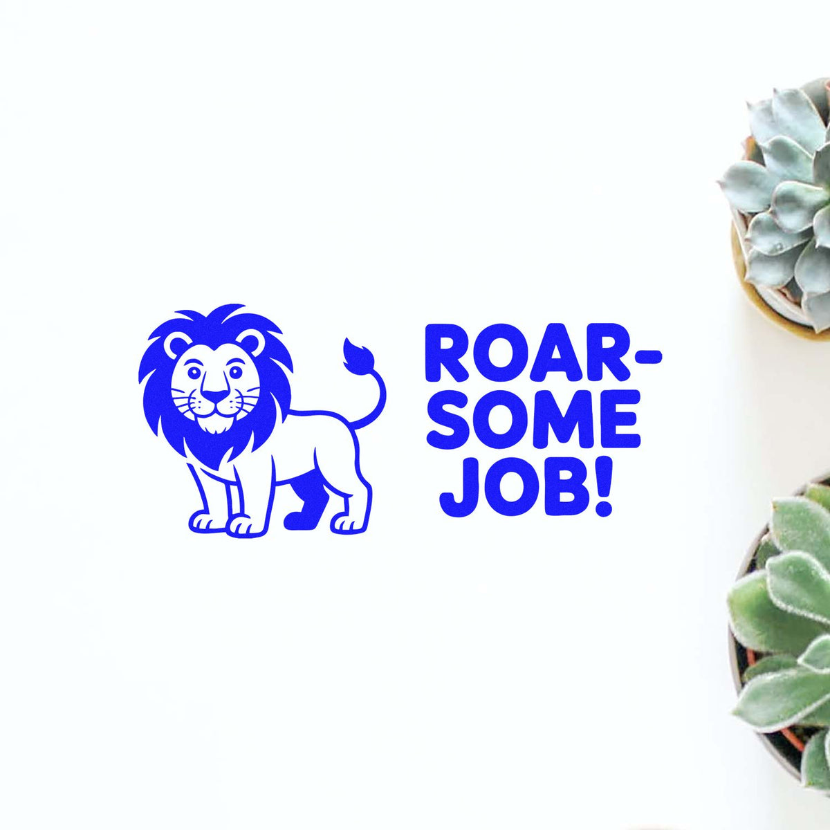 Blue lion Roar-some Job! rubber stamp for motivational praise, classroom rewards, and encouragement.
