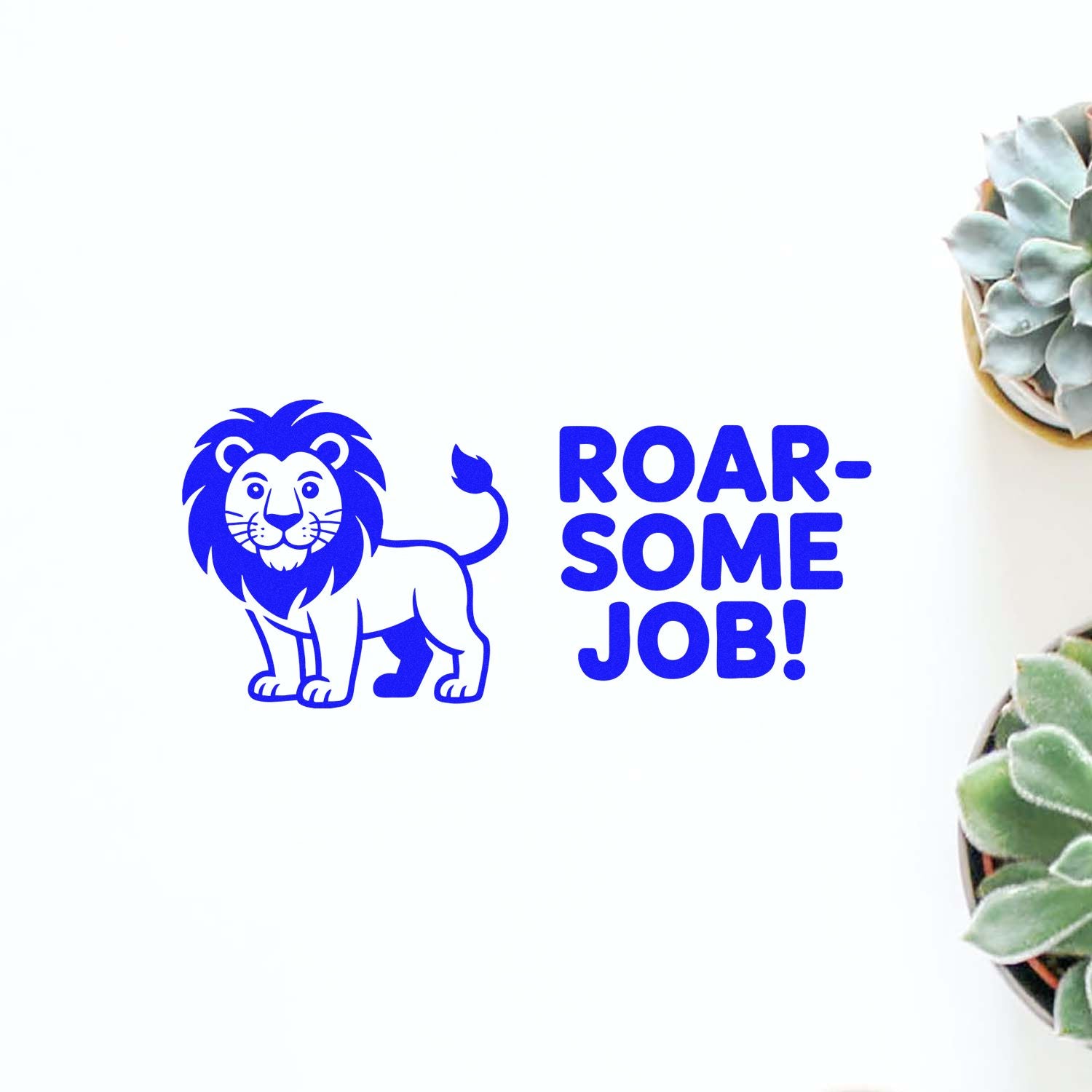 Lion rubber stamp design with ROAR-SOME JOB! text, ideal for teacher rewards, student encouragement, and craft projects.