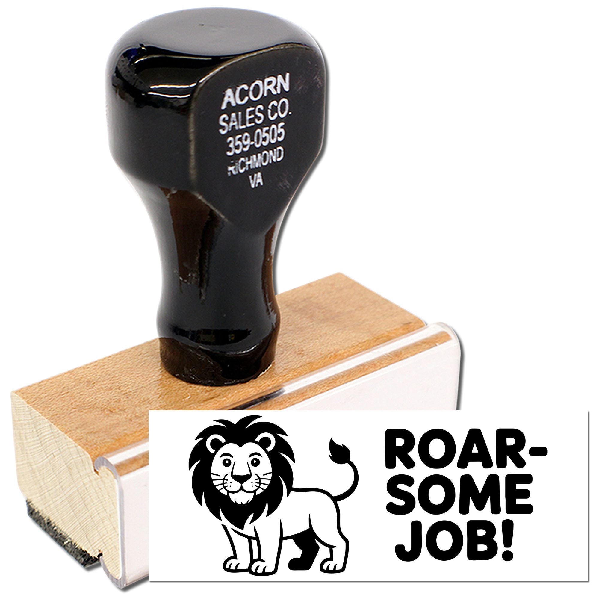 Wood-handled rubber stamp with lion design and "ROAR-SOME JOB!" impression for teacher rewards and recognition.