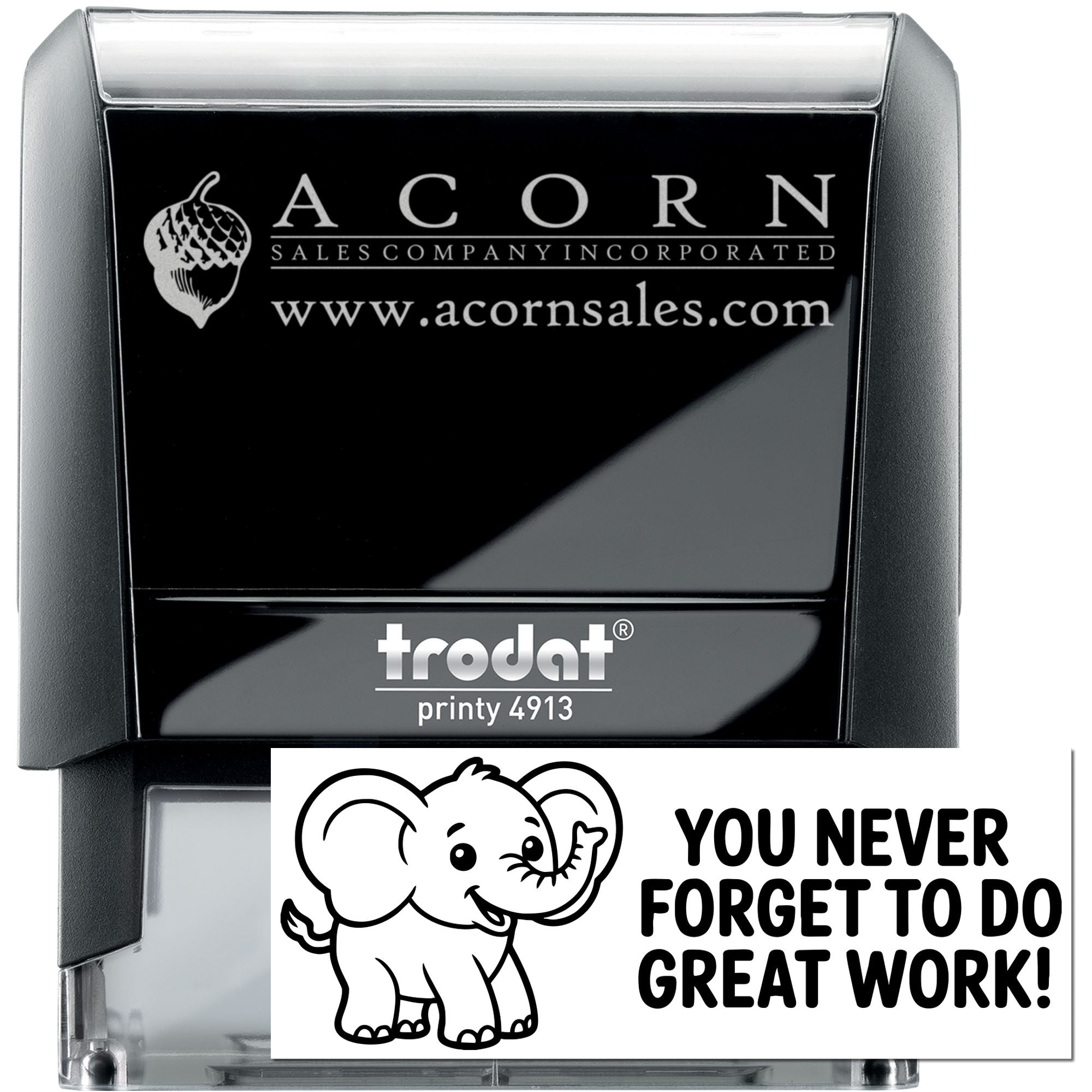 Custom rubber stamp examples: Trodat Printy self-inking logo stamp and elephant motivational stamp for business branding.