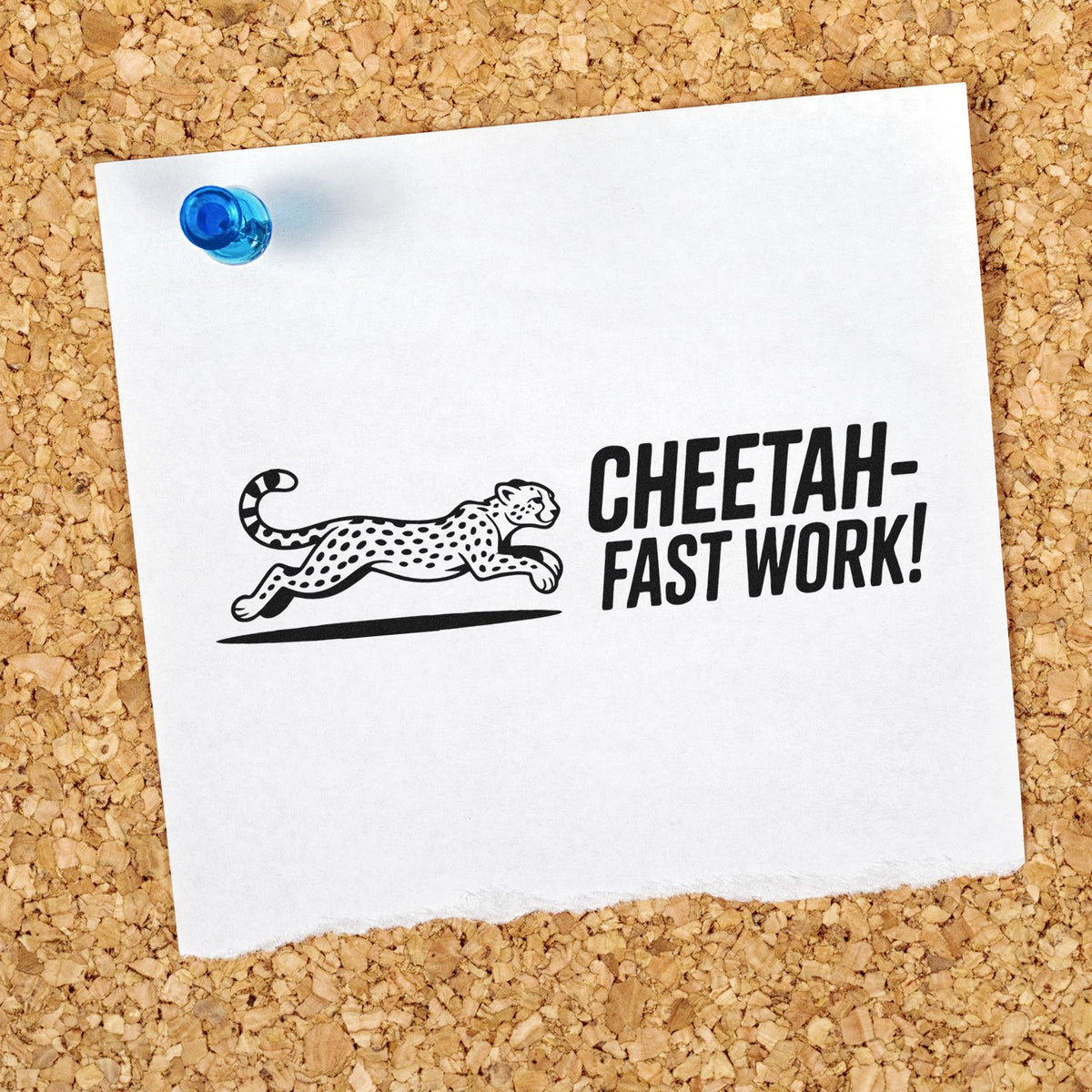 Cheetah Fast Work rubber stamp on paper, a motivational office stamp for quick turnaround, productivity, and fast approvals.