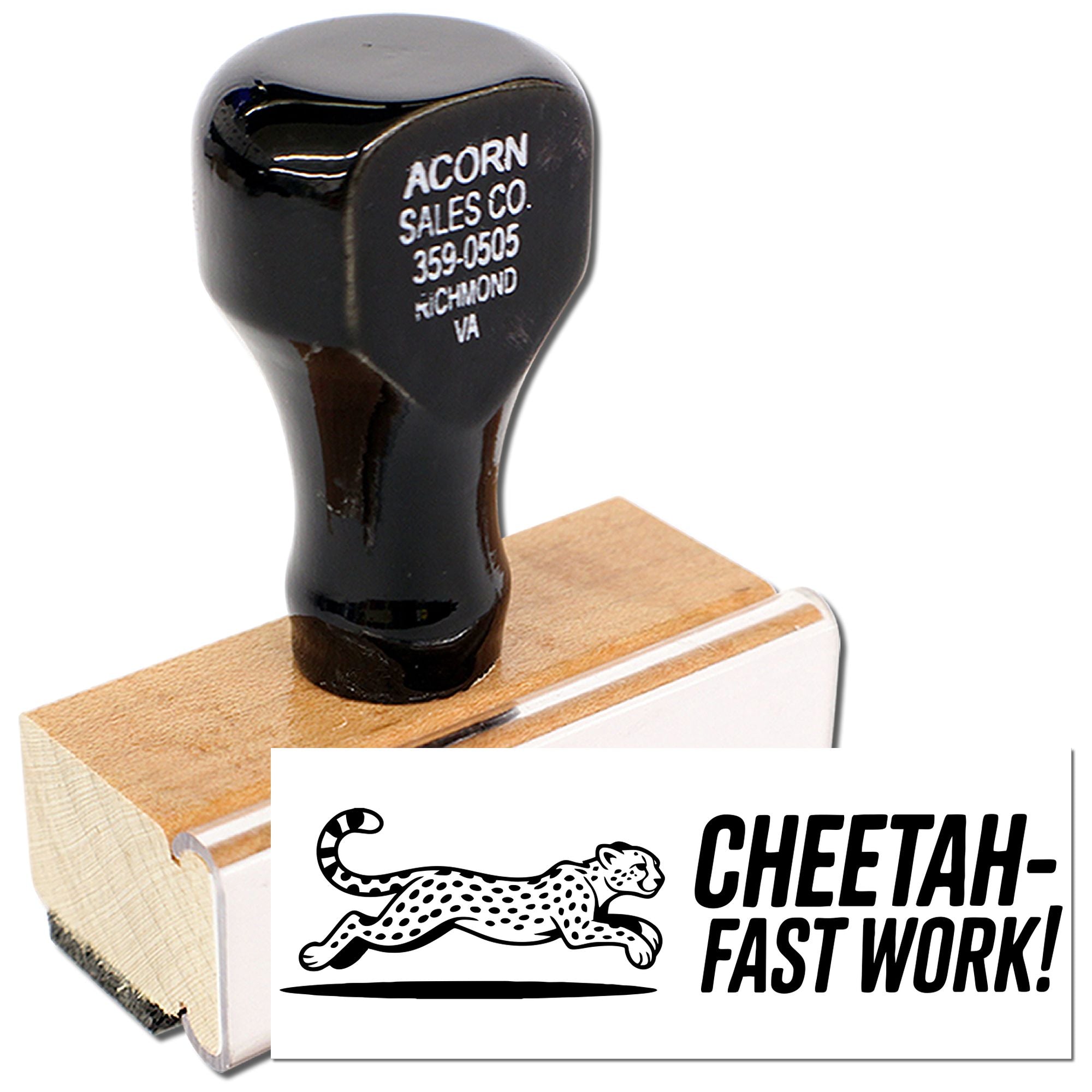Custom rubber stamp with cheetah logo and CHEETAH Fast Work text for branded business packaging