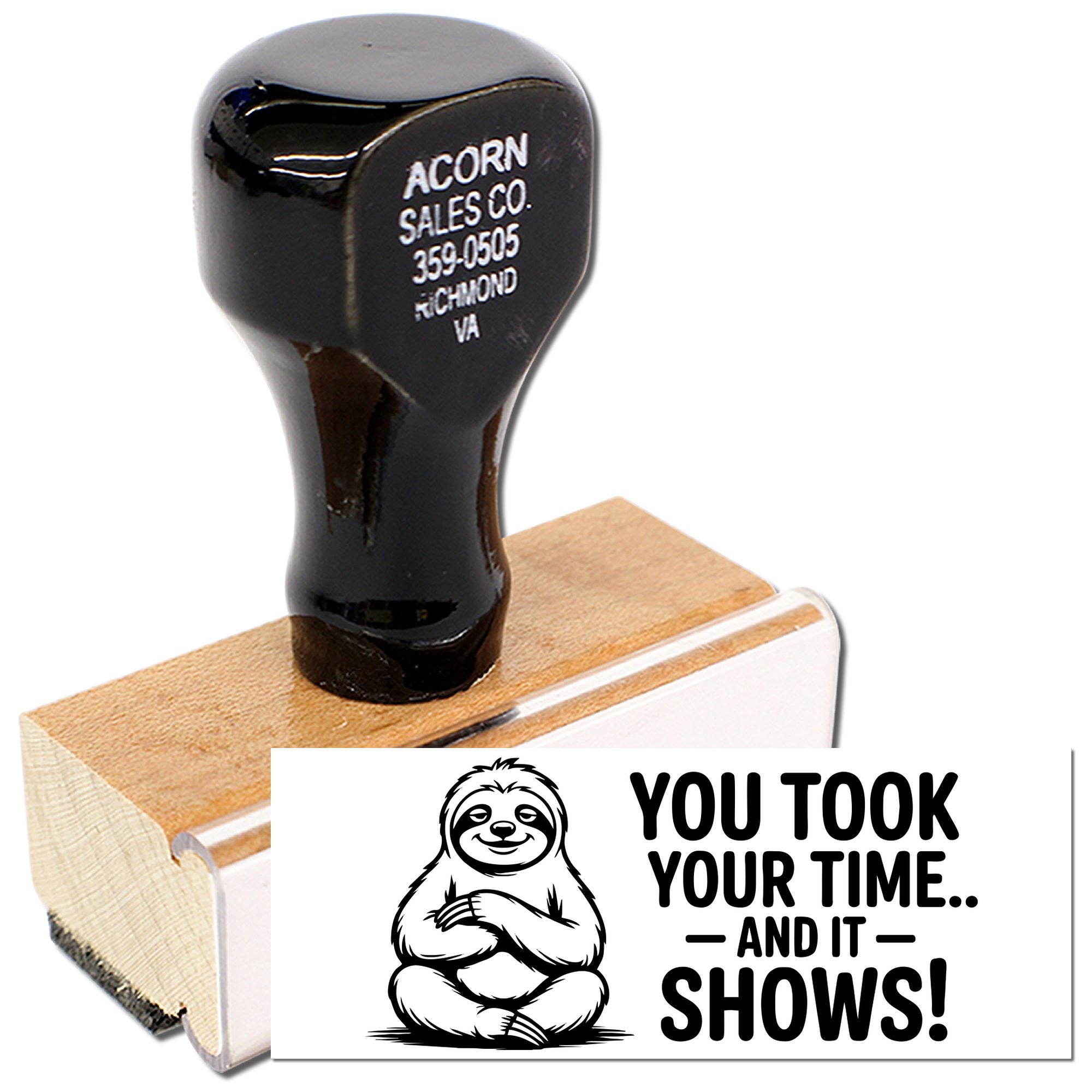 Custom rubber stamp with sloth quote and business address for office branding, packaging, and mail