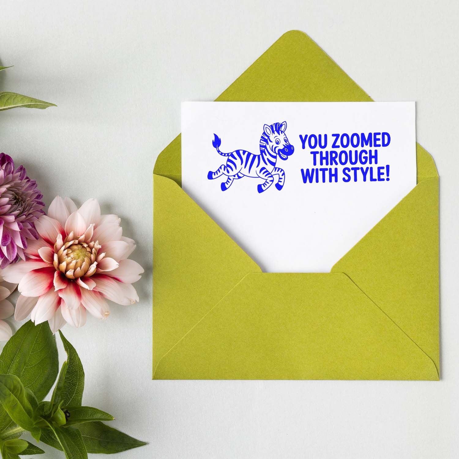 Zoo-themed rubber stamp card with zebra and You Zoomed Through With Style! in a green envelope.