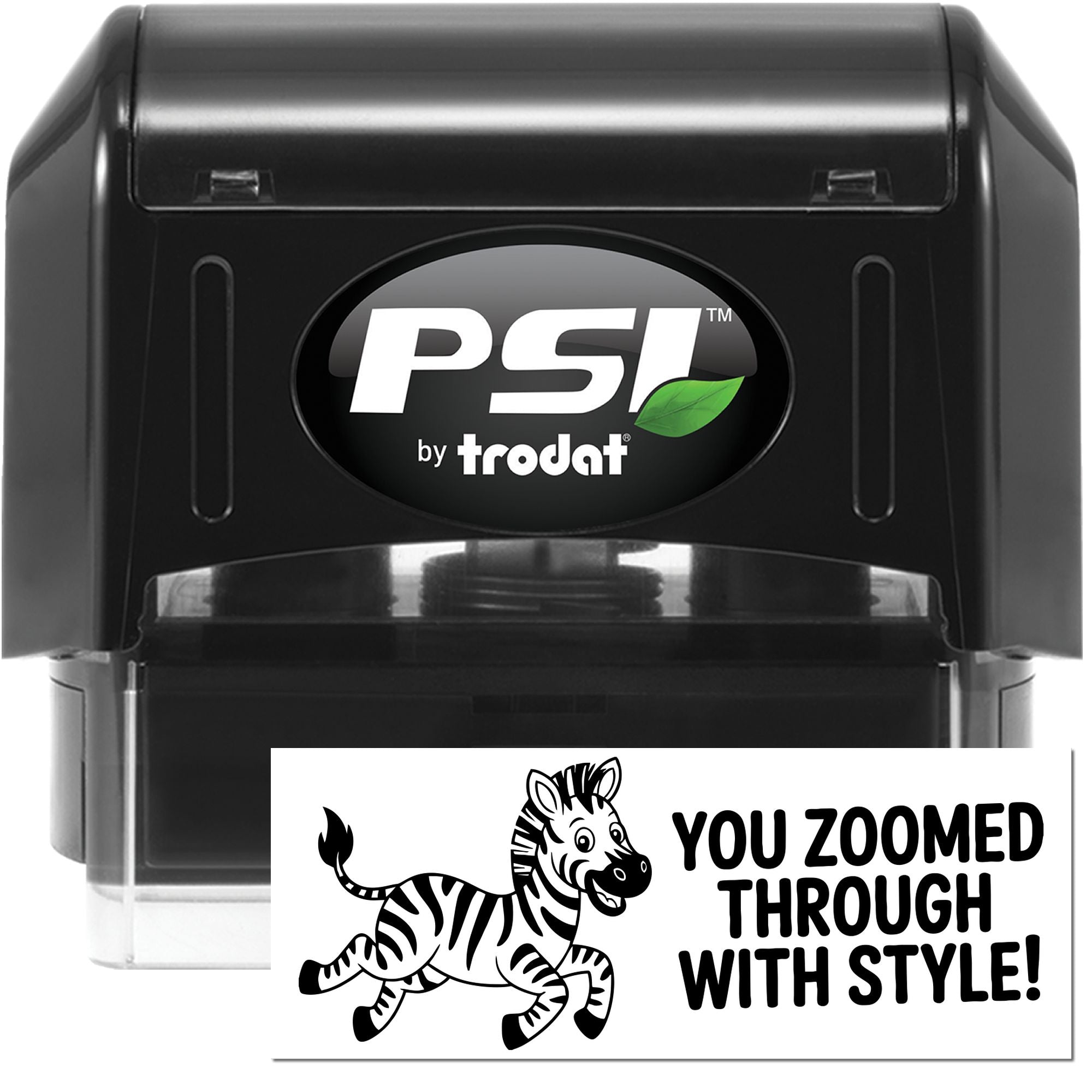 PSI by Trodat self-inking rubber stamp with zebra You Zoomed Through With Style! custom imprint.