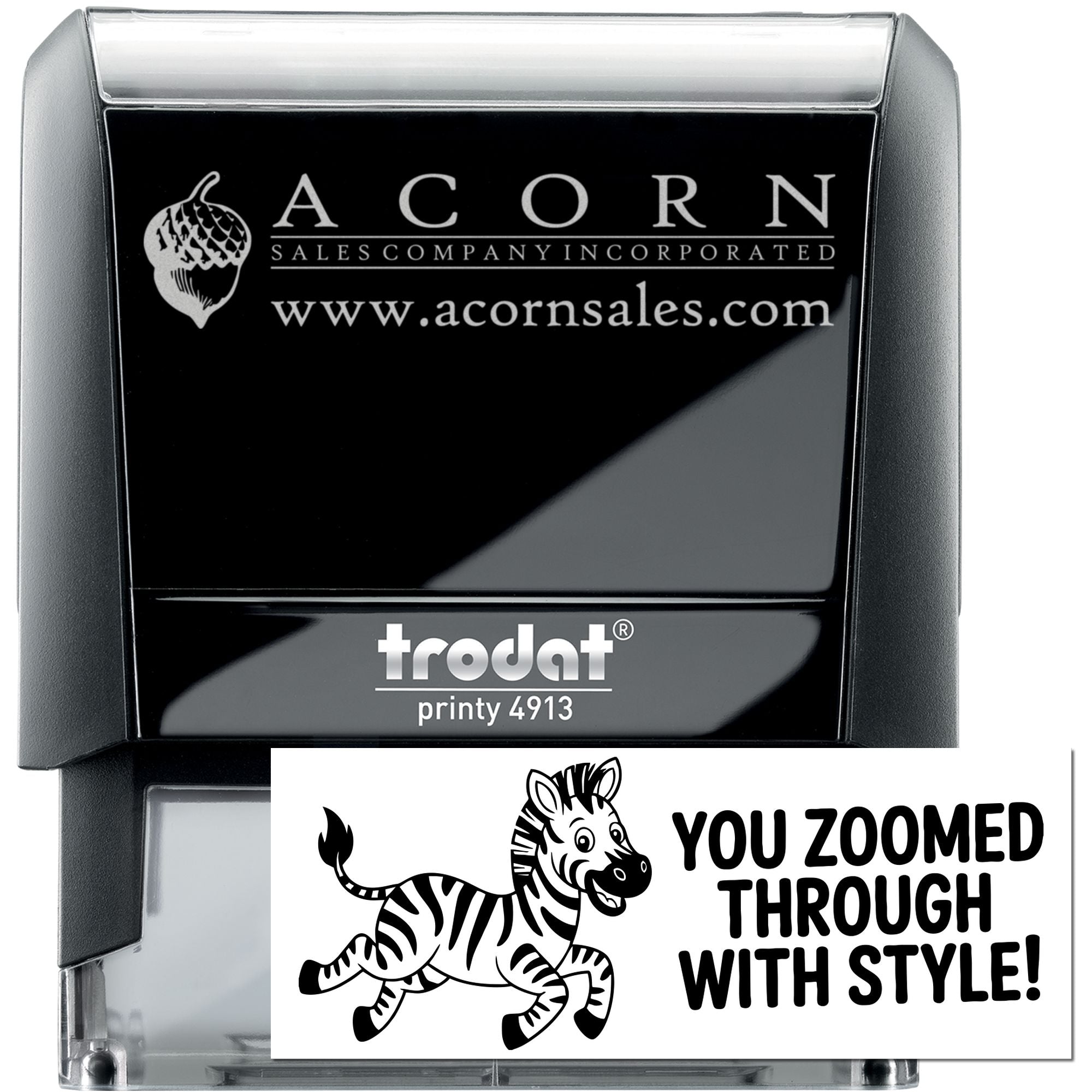 Custom self-inking Trodat Printy 4913 rubber stamp showing Acorn Sales Company logo and zebra sample imprint.