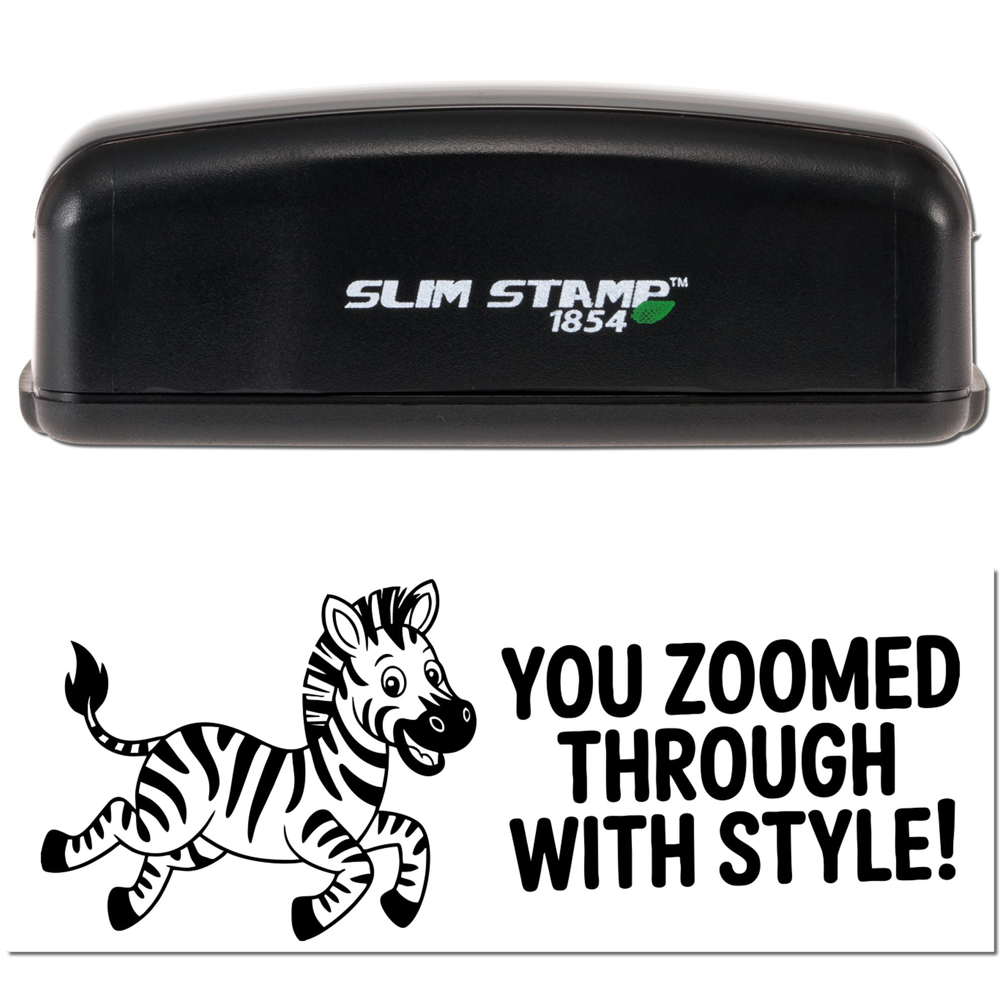 Self-inking rubber stamp with zebra design and You Zoomed Through With Style imprint for fun awards and notes.