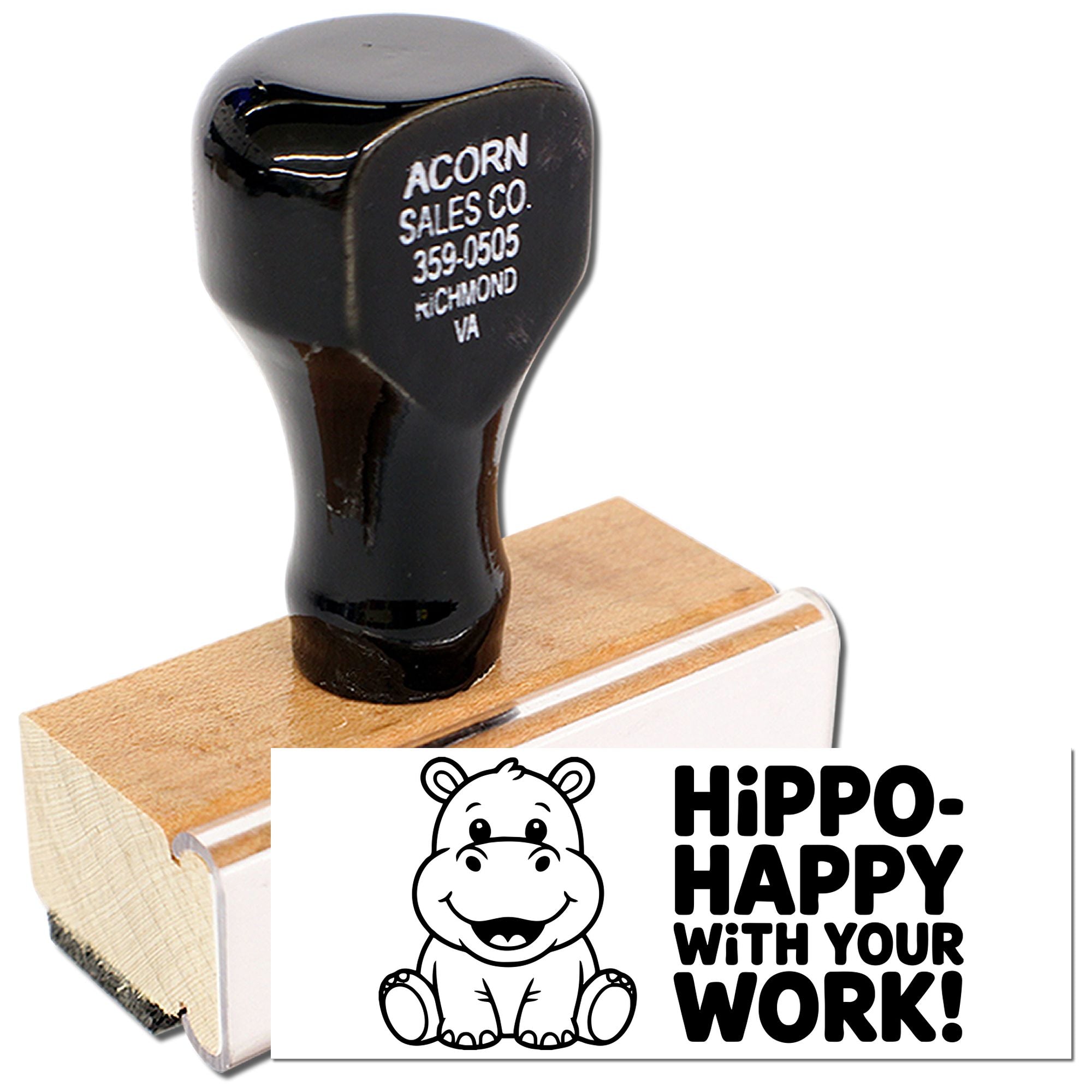 Custom rubber stamp with hippo design and Hippo-Happy with your work! message for classroom or office motivation.